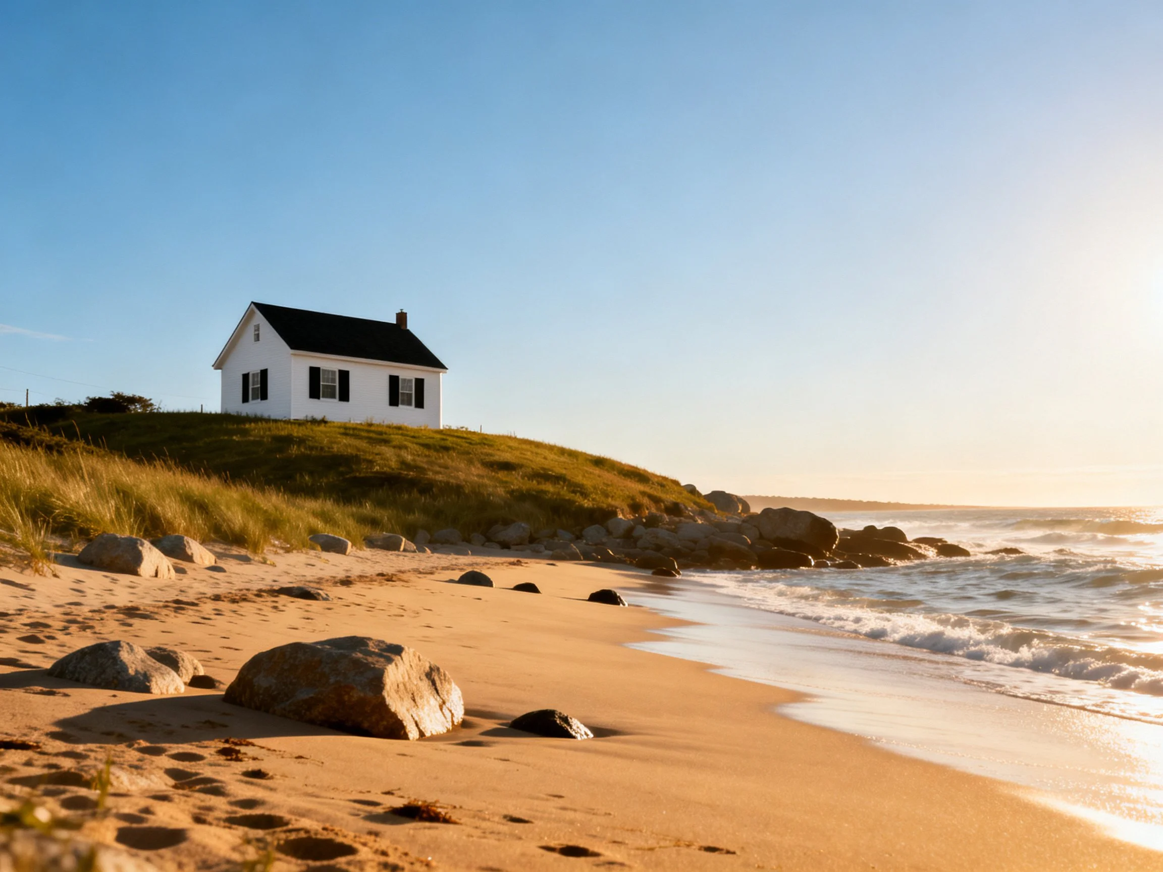 A white house sits atop a grassy hill beside a sandy rocky beach