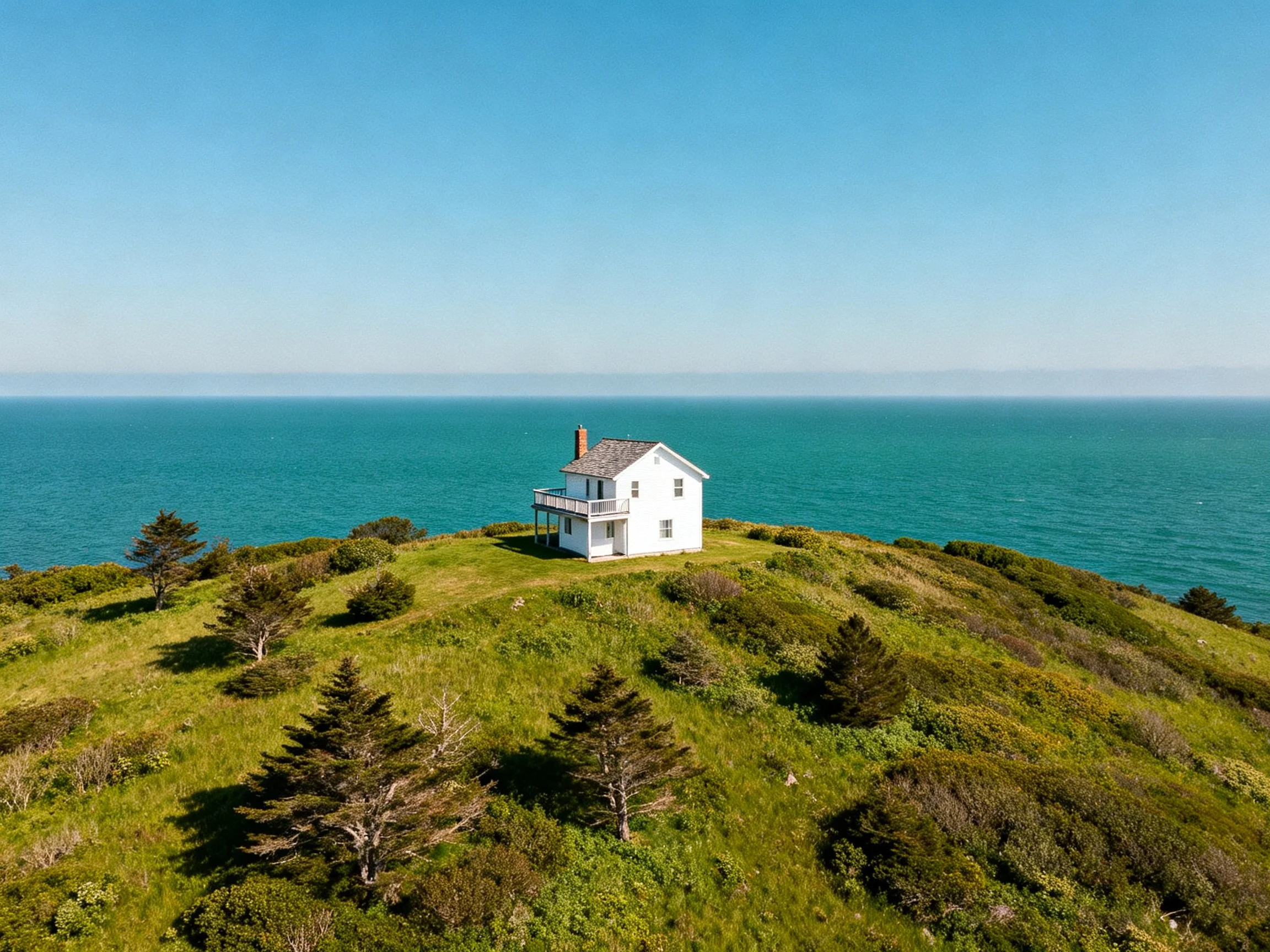 A white house sits atop a lush green hill by the turquoise sea