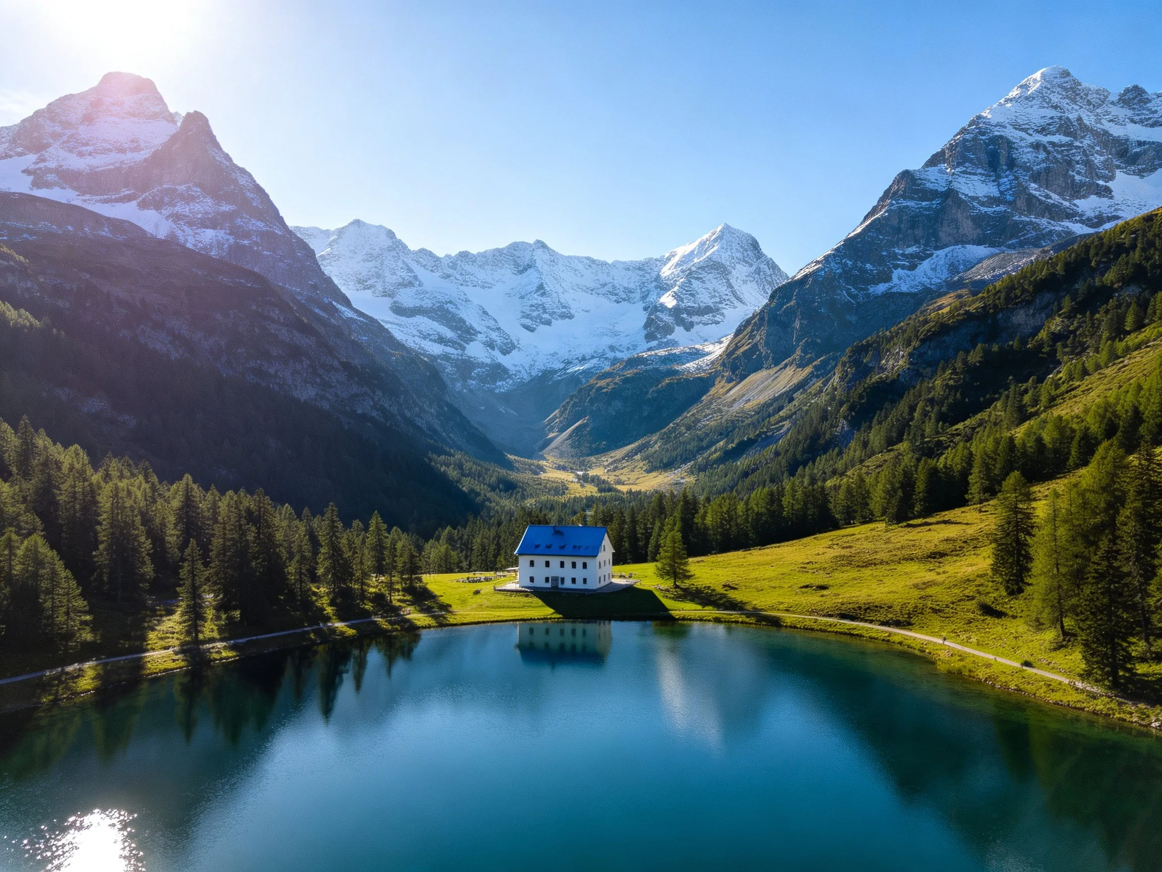 A white house with blue roof near turquoise lake and snow - capped mountains