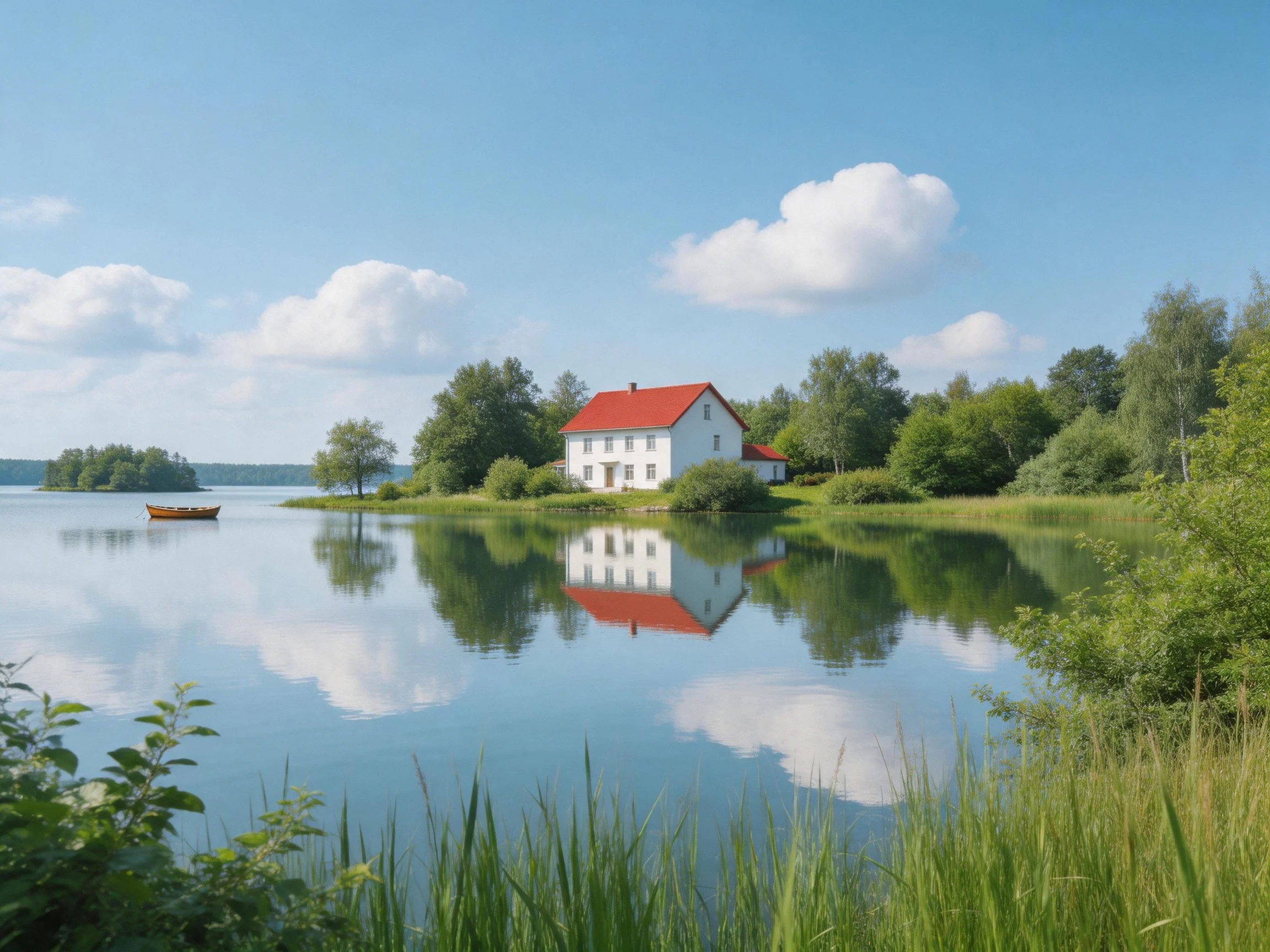A white house with red roof by tranquil blue lake among lush green trees