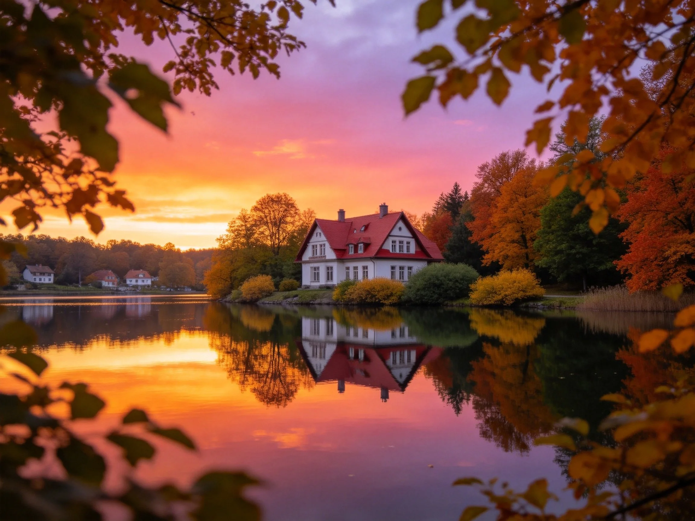 A white house with red roof near autumn lake at sunset