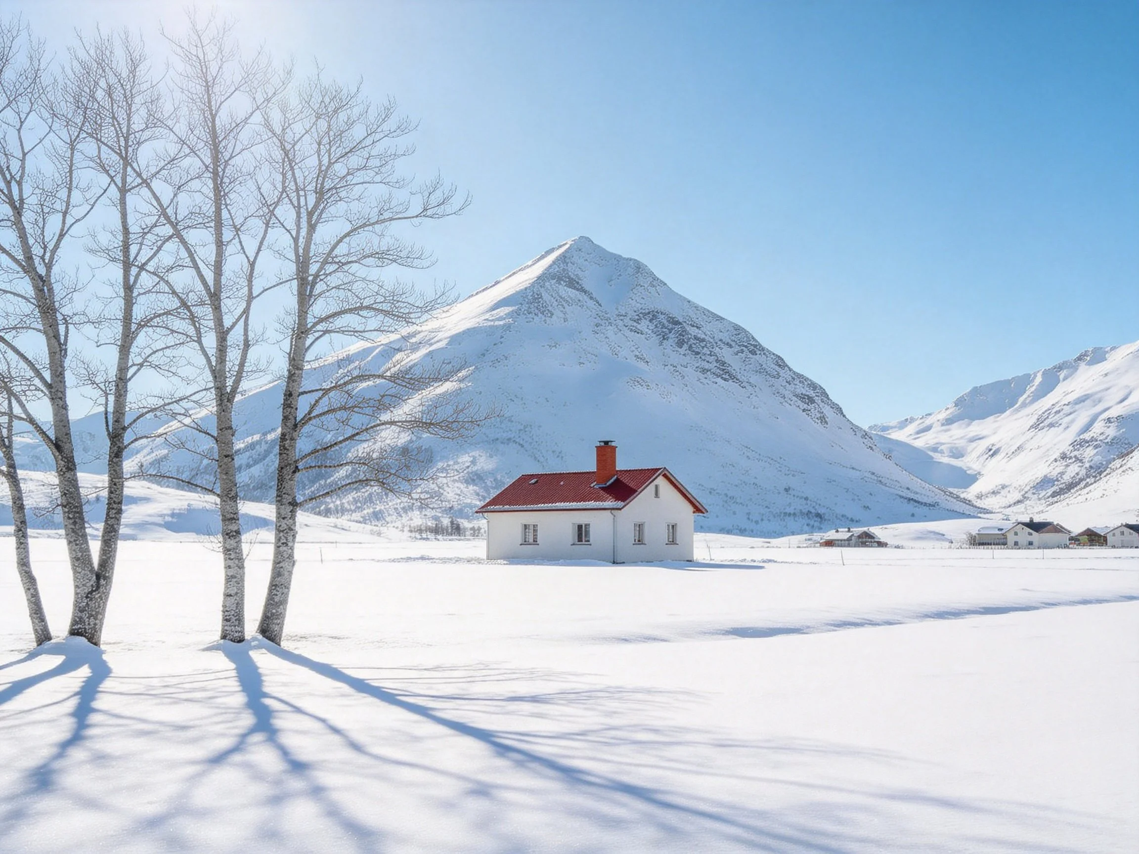 A white house with red roof near snow-capped mountains