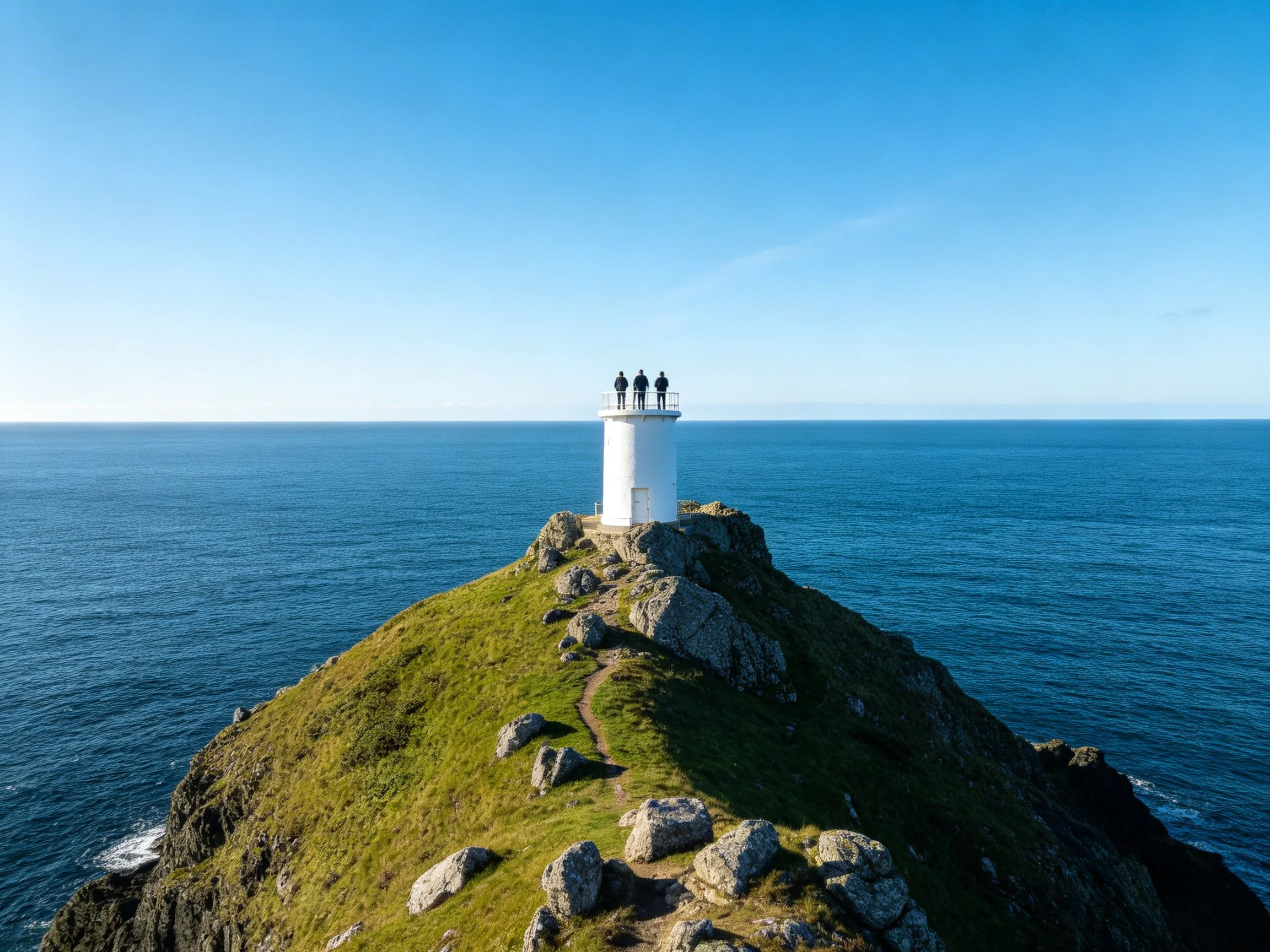 A white lighthouse atop a grassy rocky cliff by the sea