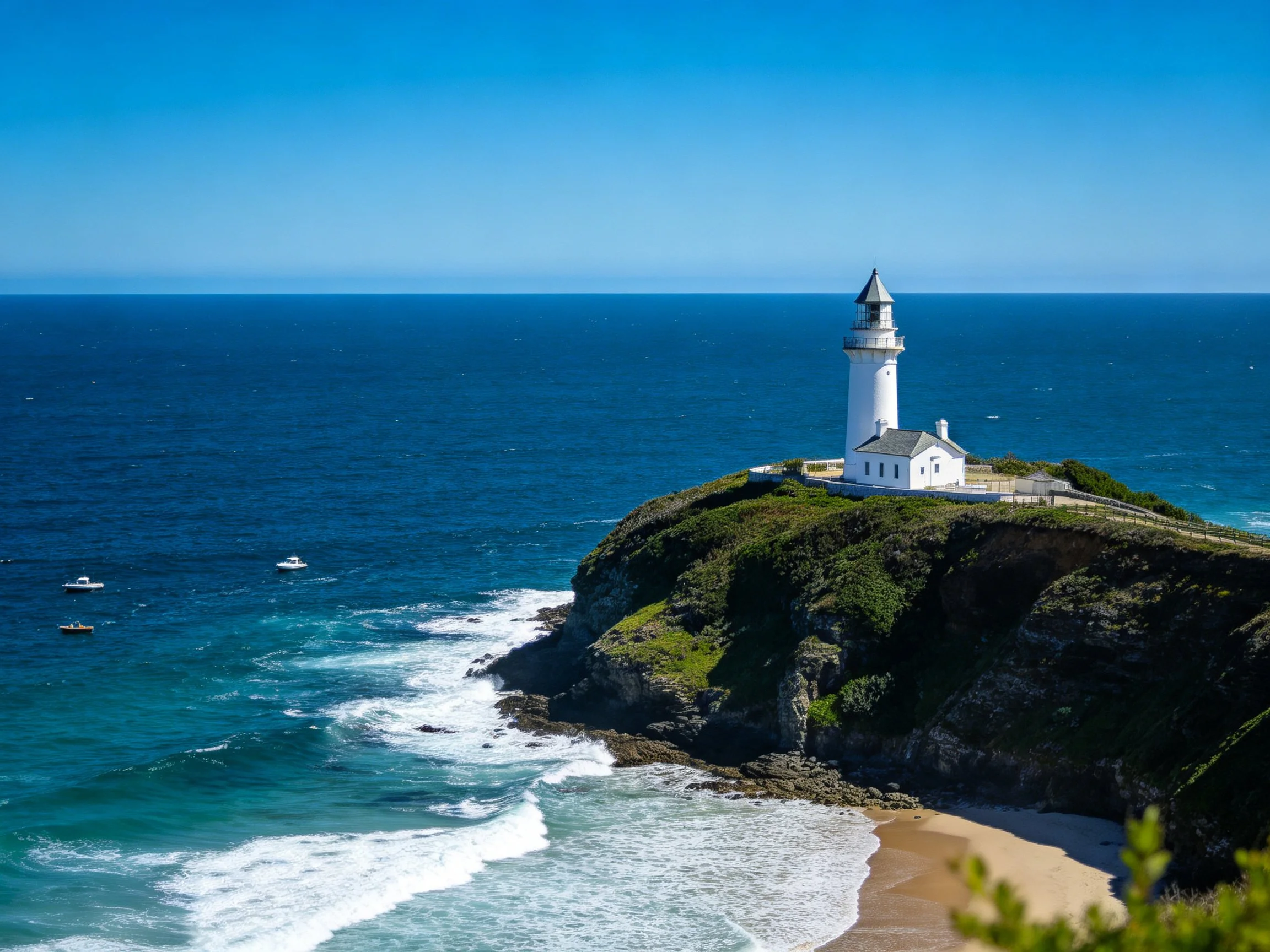 A white lighthouse atop a lush coastal cliff by deep blue waters