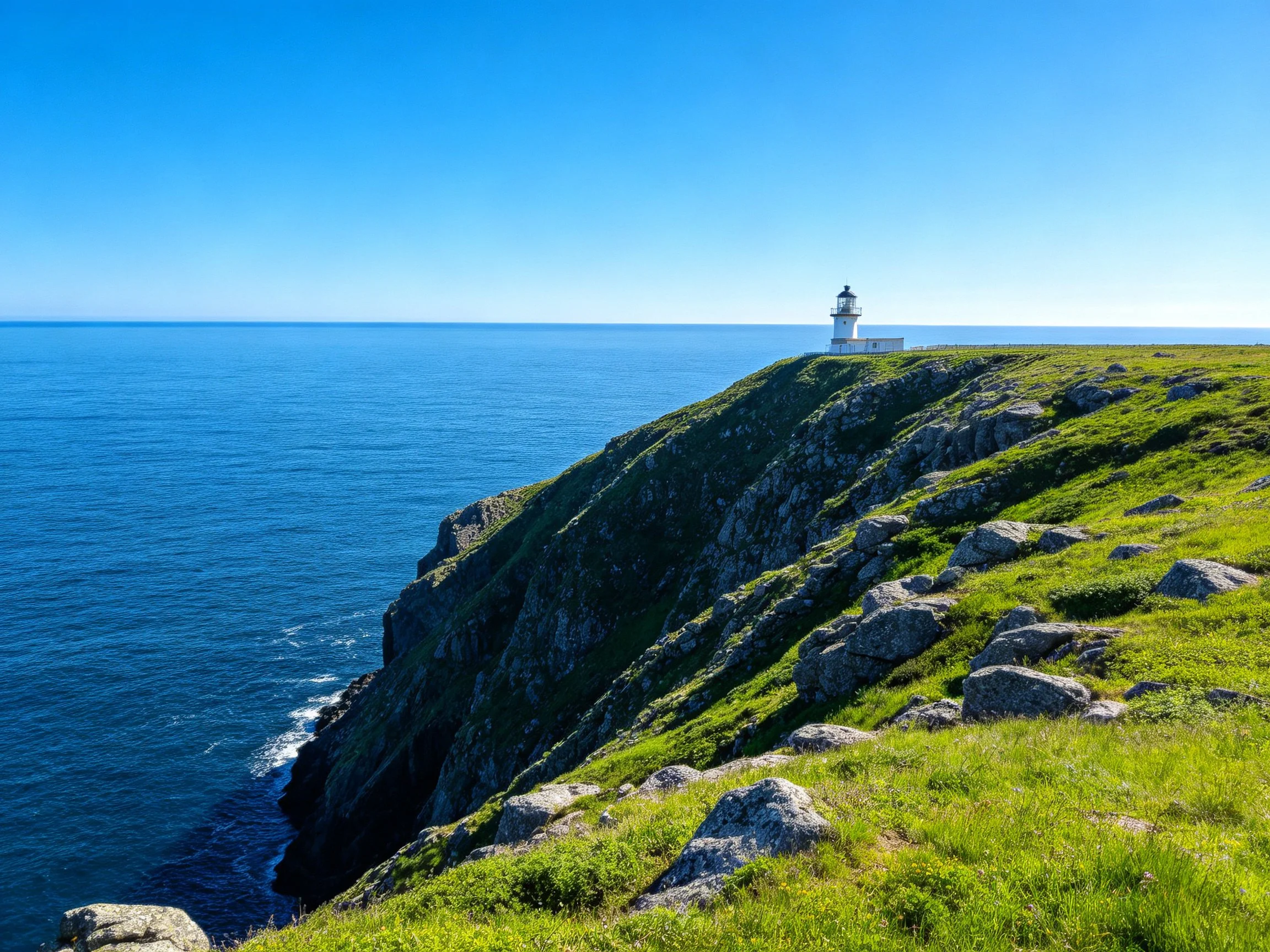 A white lighthouse atop a lush green cliffside overlooking deep blue ocean