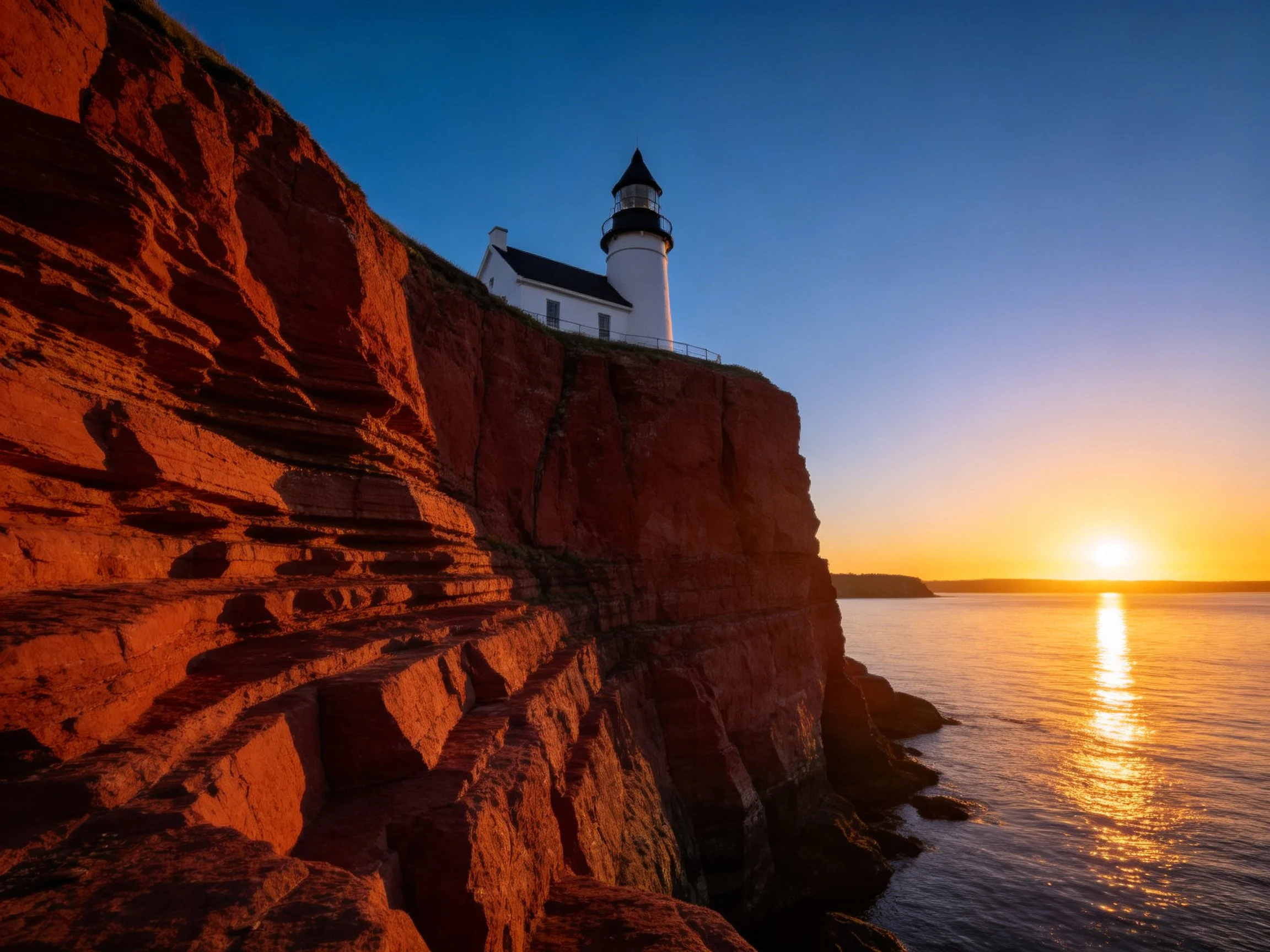 A white lighthouse atop a red rocky cliff by the ocean at sunset