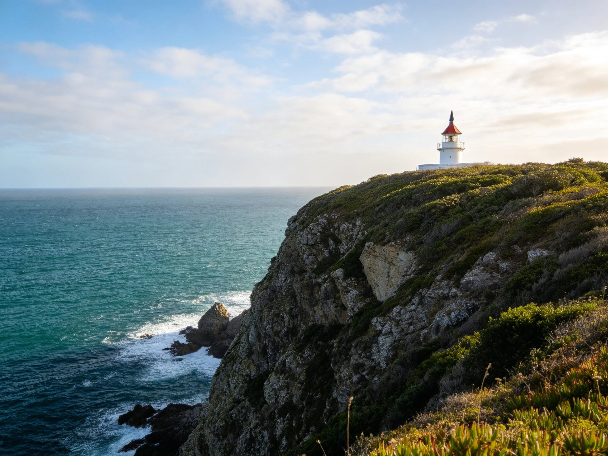 A white lighthouse atop a rocky coastal cliff by turquoise waters