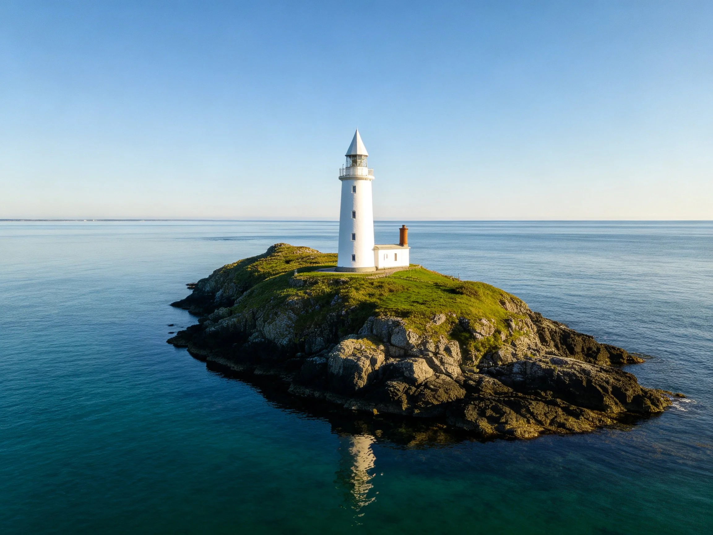 A white lighthouse atop a rocky green island with calm blue waters