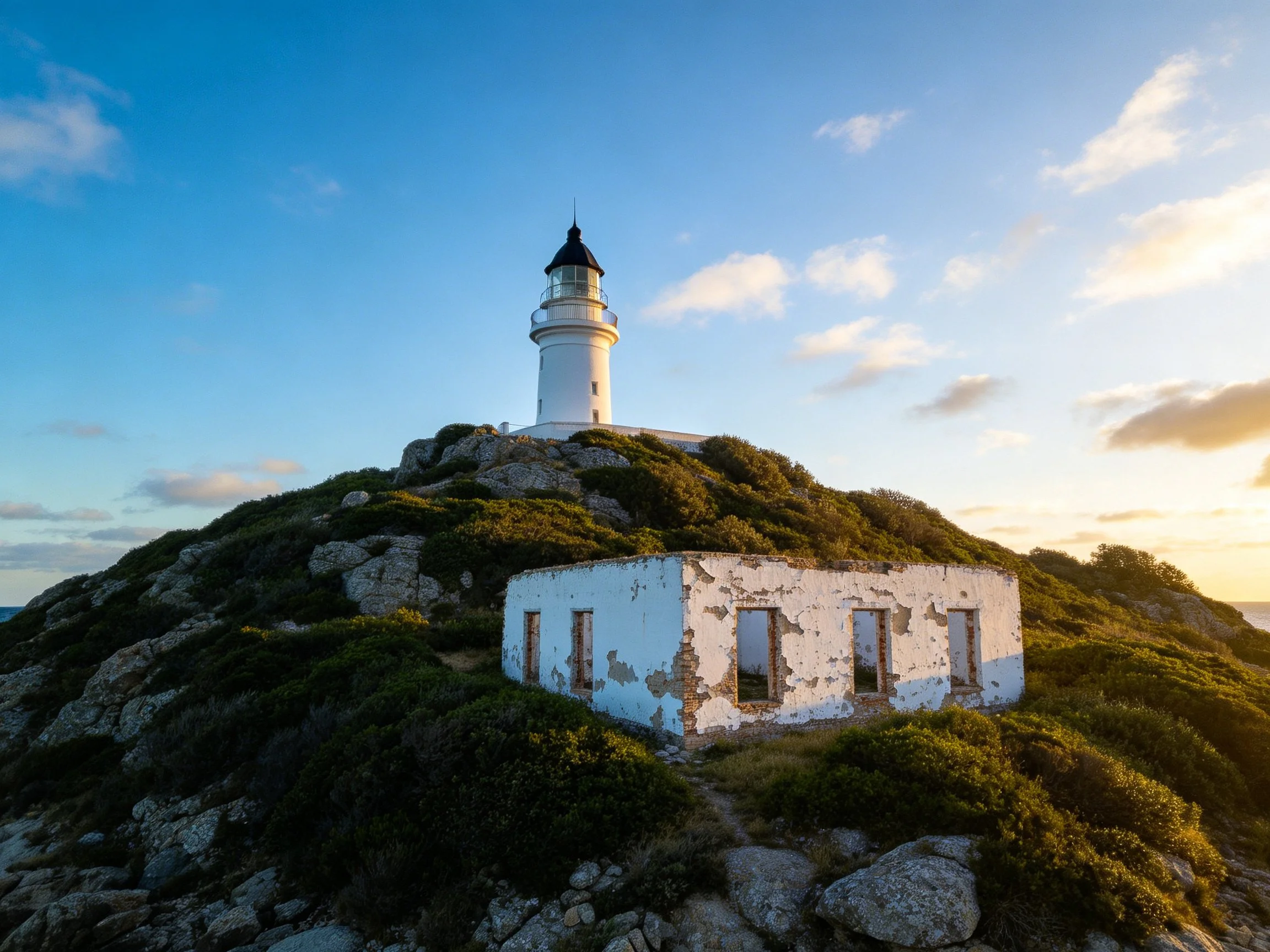 A white lighthouse atop a rocky hill near an old weathered structure