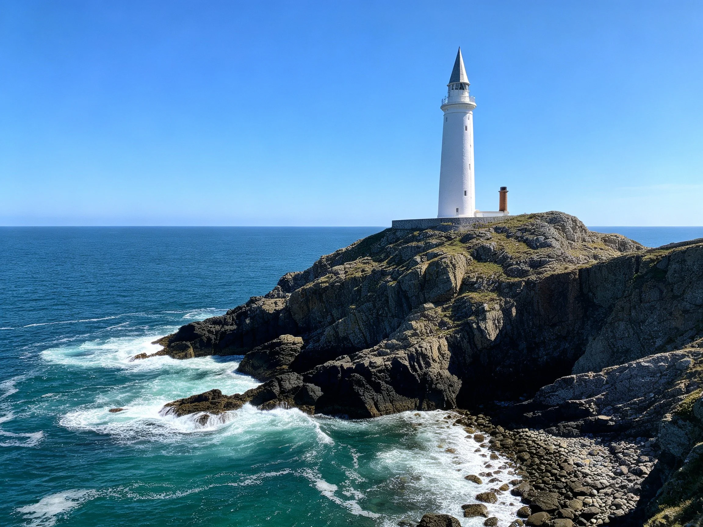 A white lighthouse atop rugged coastal cliffs by turquoise waters