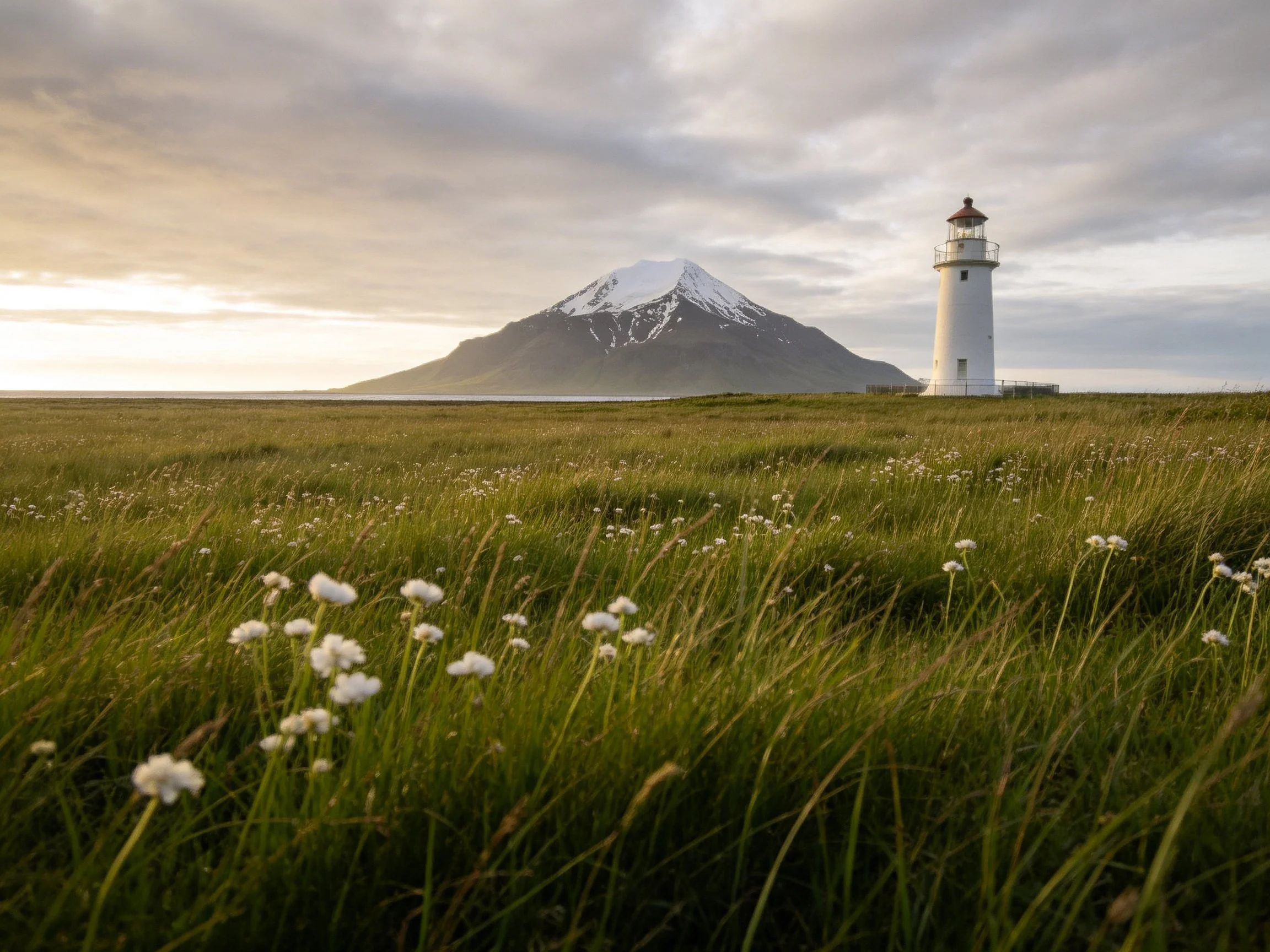 A white lighthouse near a snow - capped mountain with a green meadow