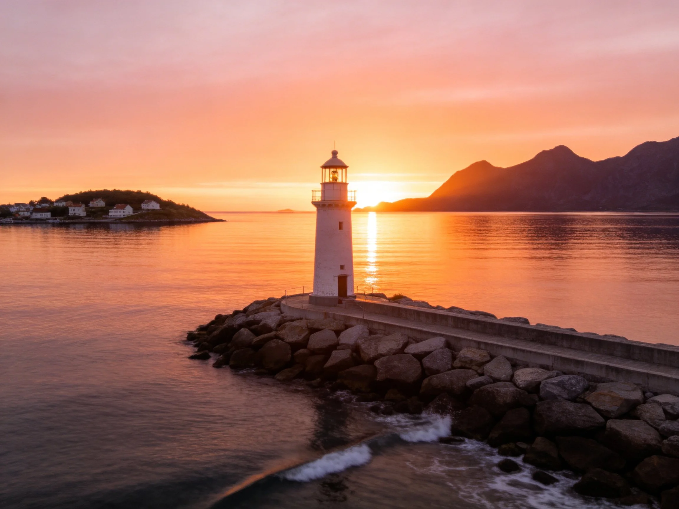 A white lighthouse on rocky shore under vibrant orange sunset