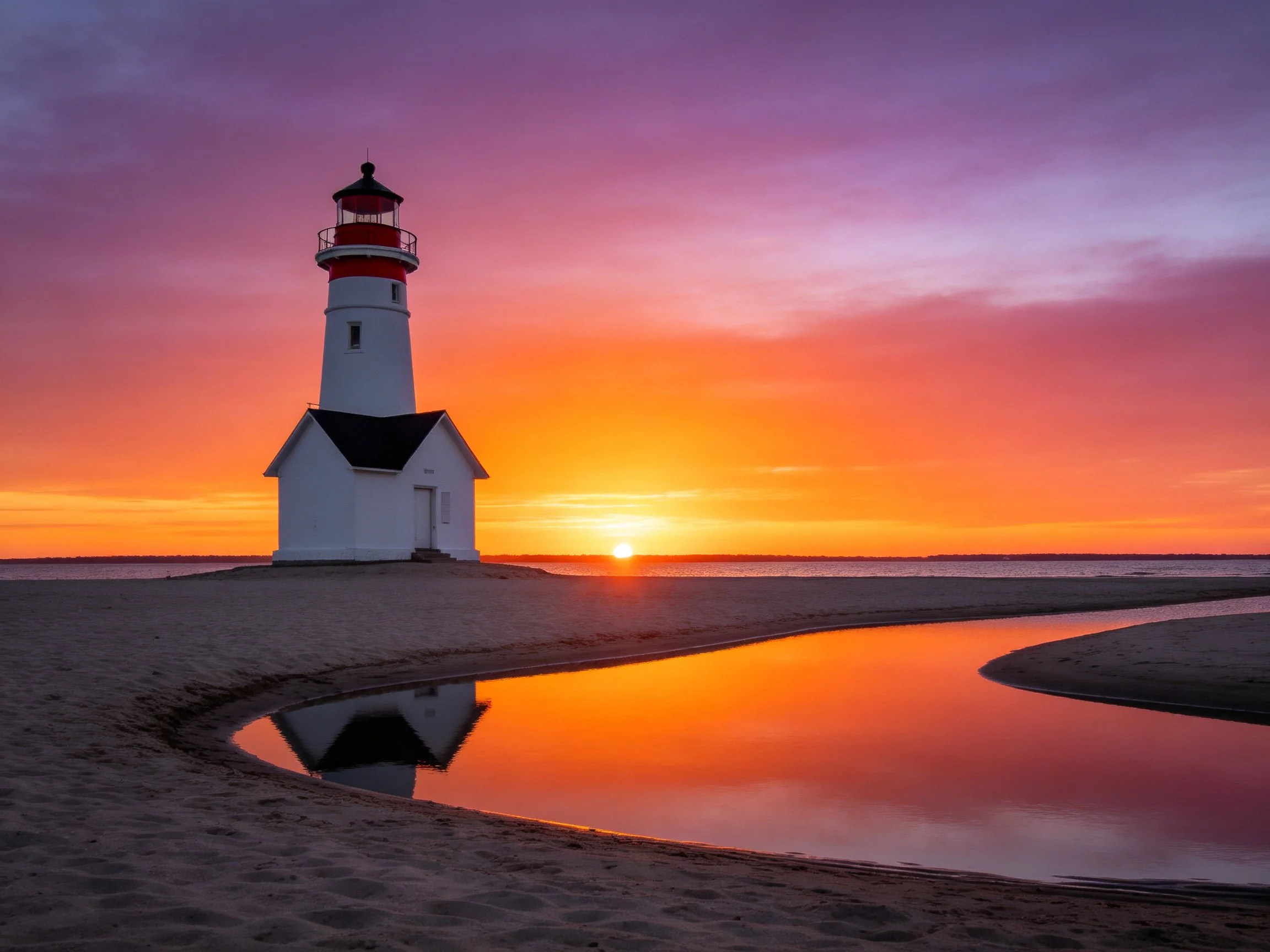 A white lighthouse on sandy beach under vibrant sunset sky