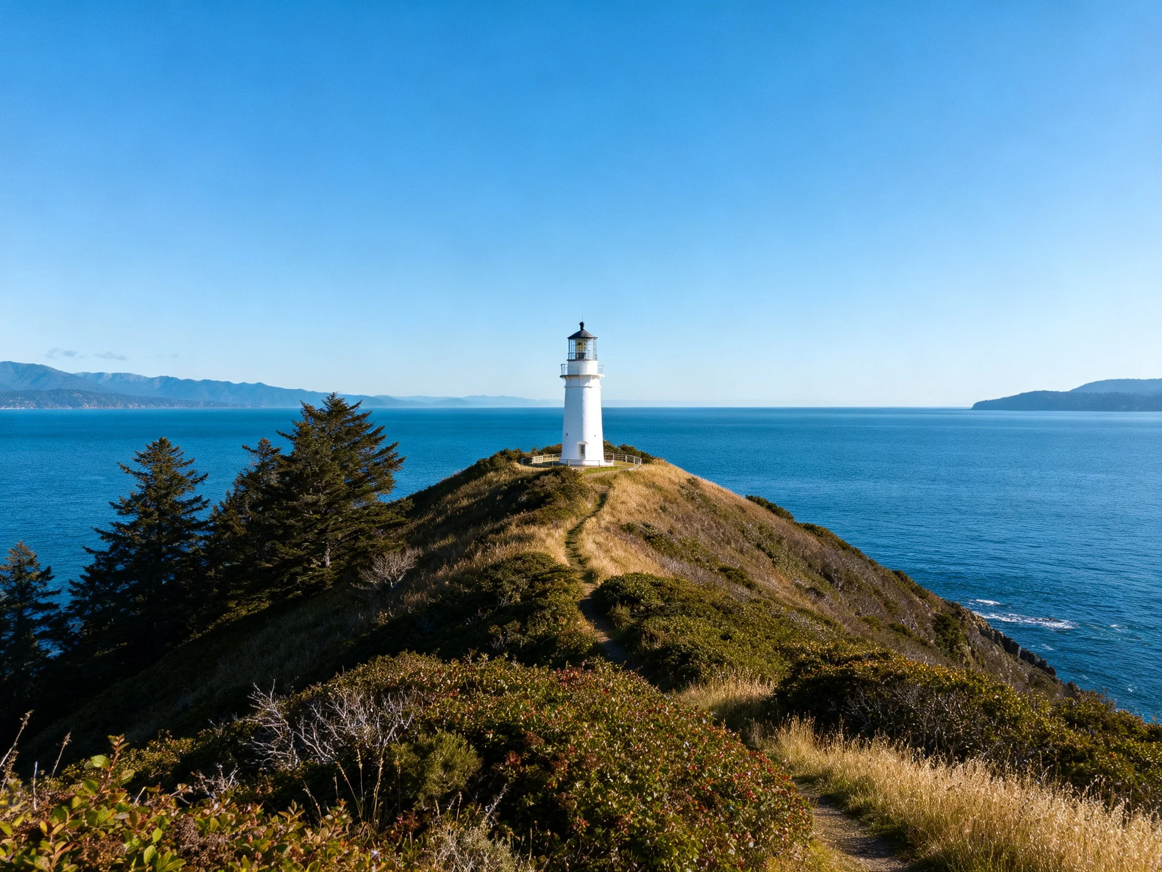 A white lighthouse overlooks blue ocean from a grassy coastal hill