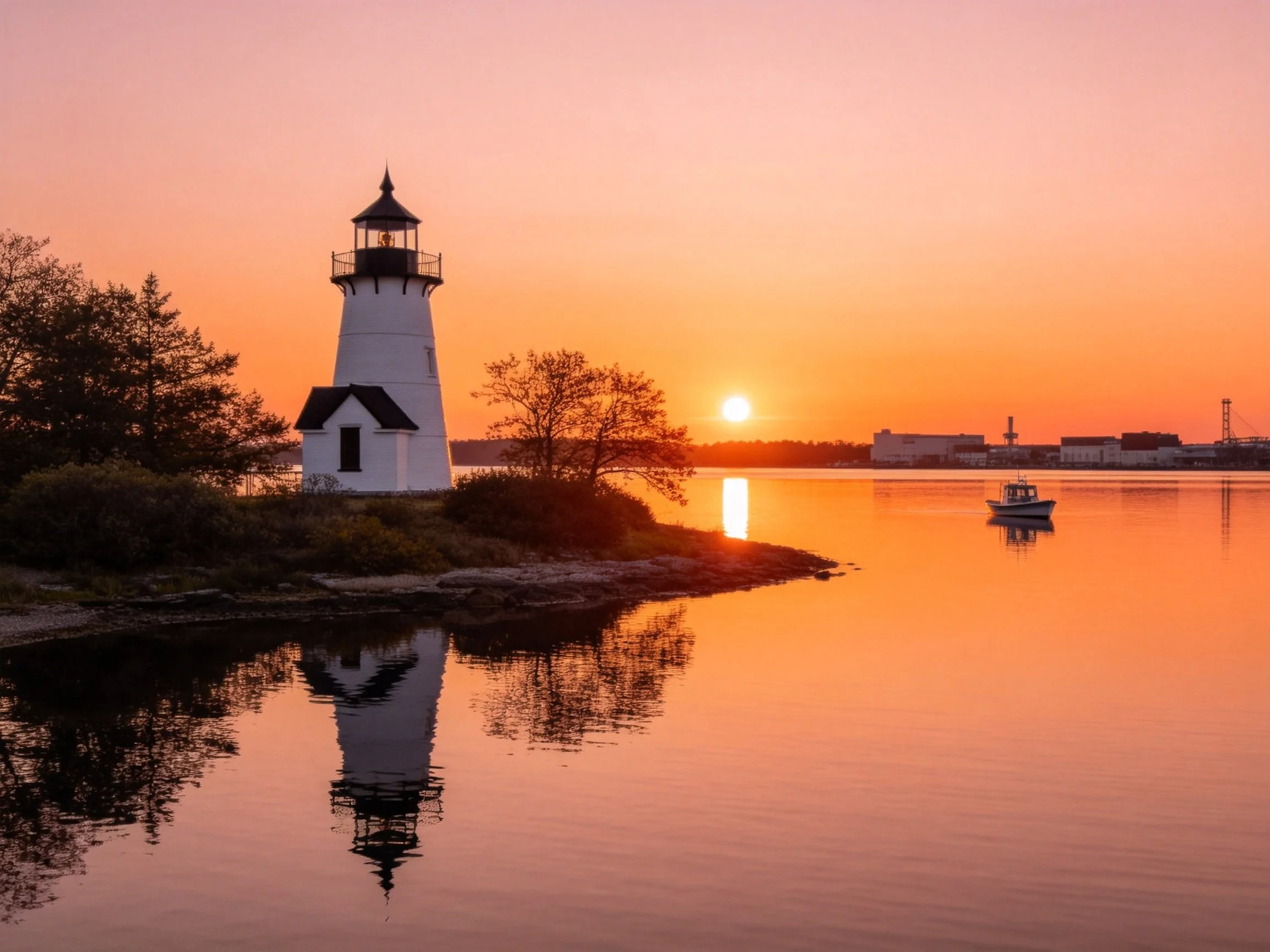 A white lighthouse reflects in calm waters at golden-orange sunset