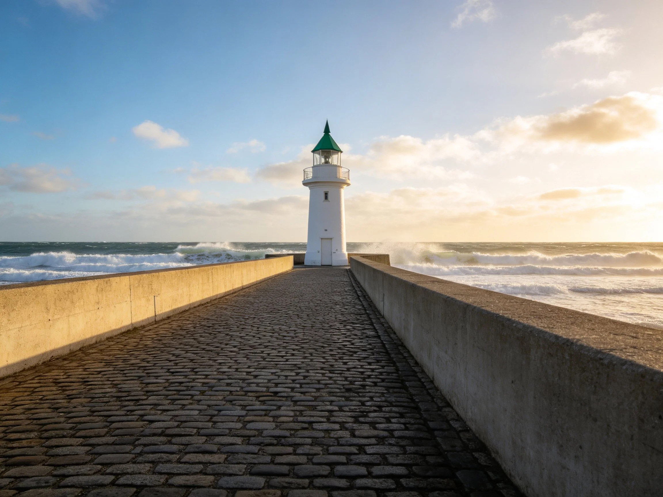A white lighthouse sits atop a cobblestone pier near crashing ocean waves