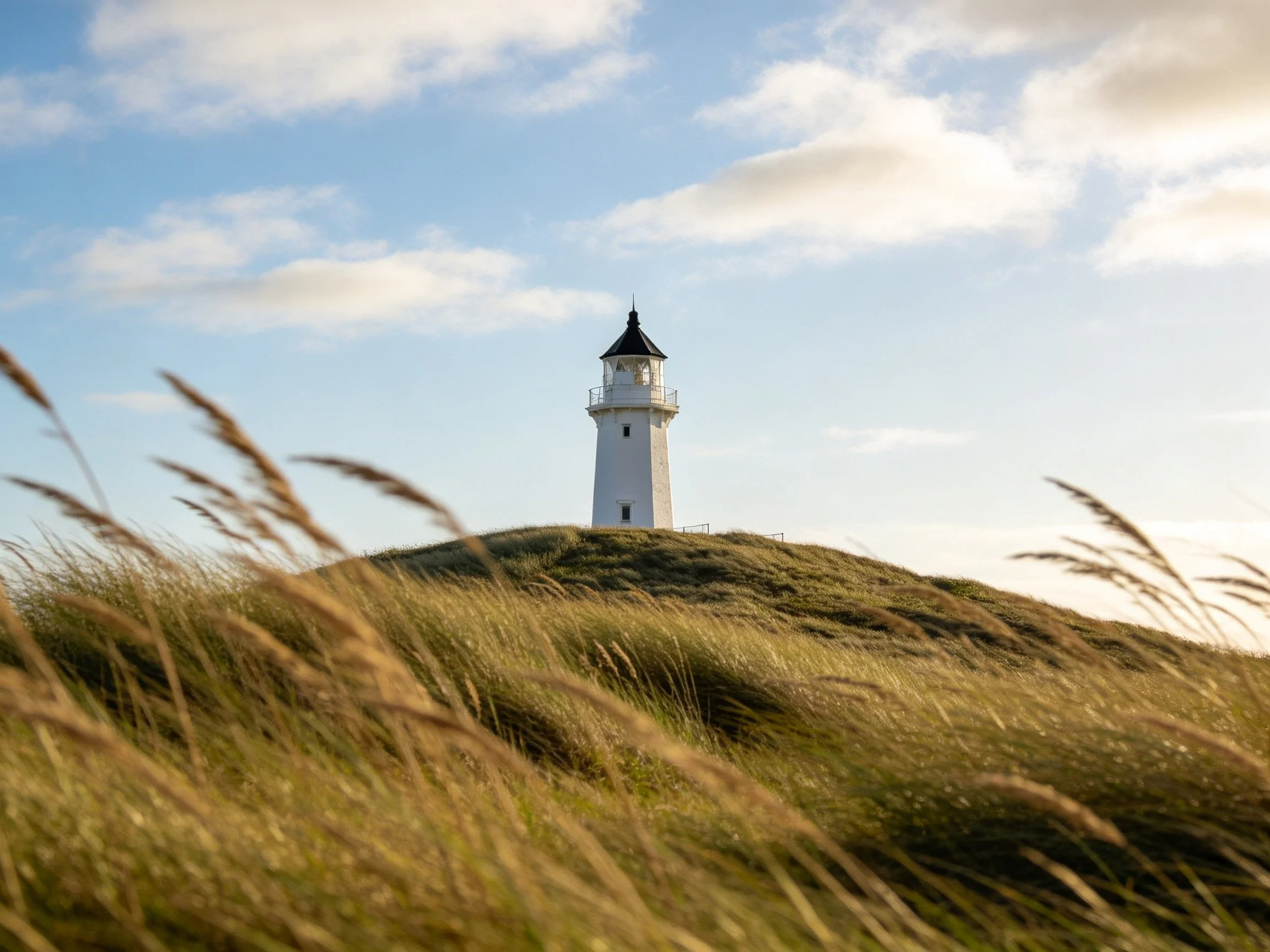 A white lighthouse stands atop a grassy hill under a partly cloudy sky