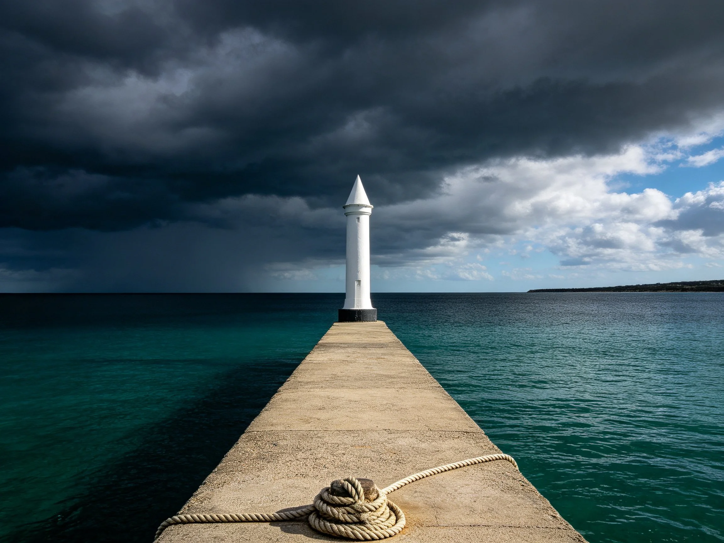 A white lighthouse stands atop a long concrete pier over turquoise water under stormy skies