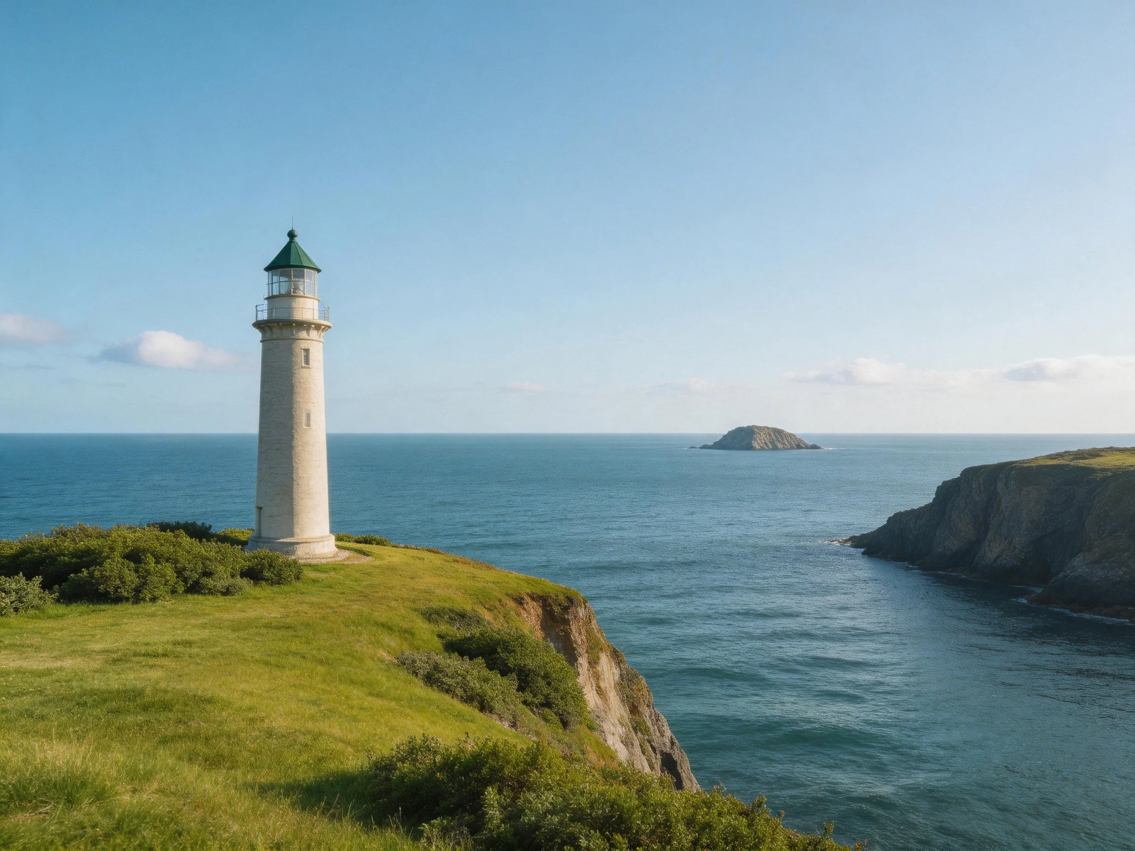 A white lighthouse stands on a grassy coastal cliff
