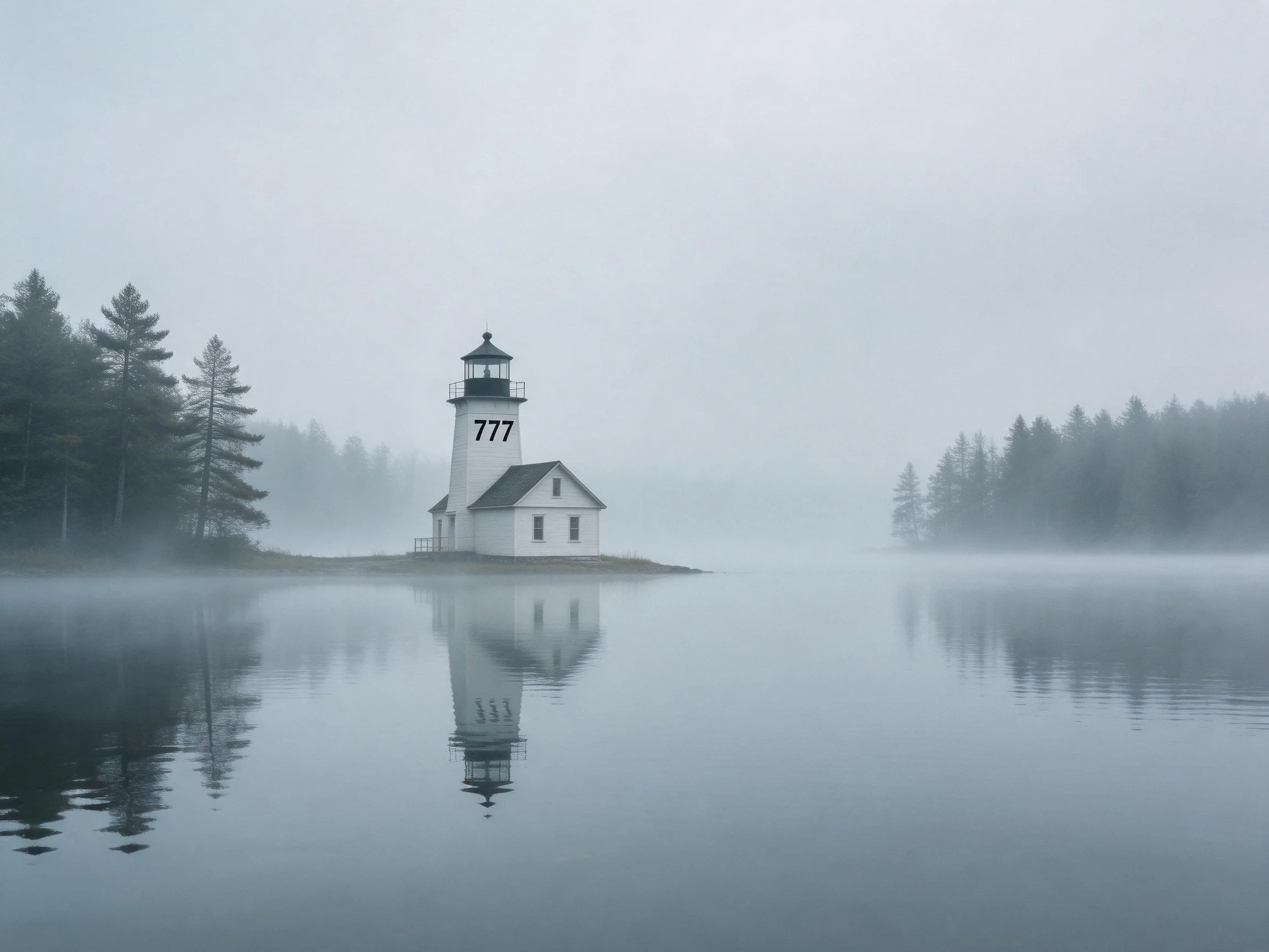 A white lighthouse with 777 on a foggy lakeshore