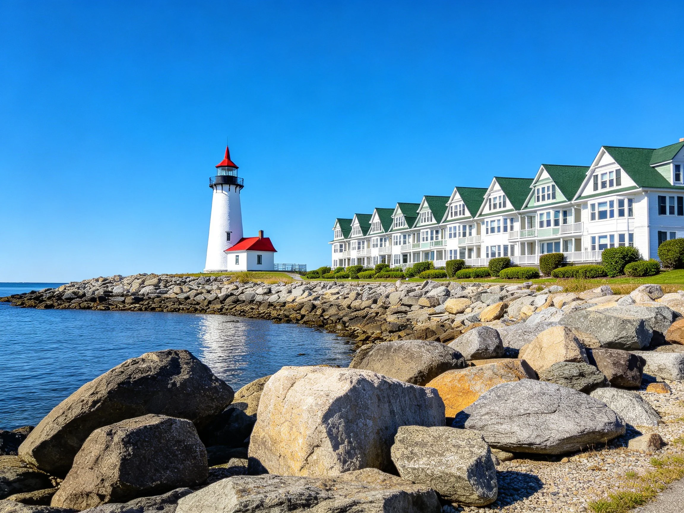 A white lighthouse with red roof near green-roofed buildings by rocky shore