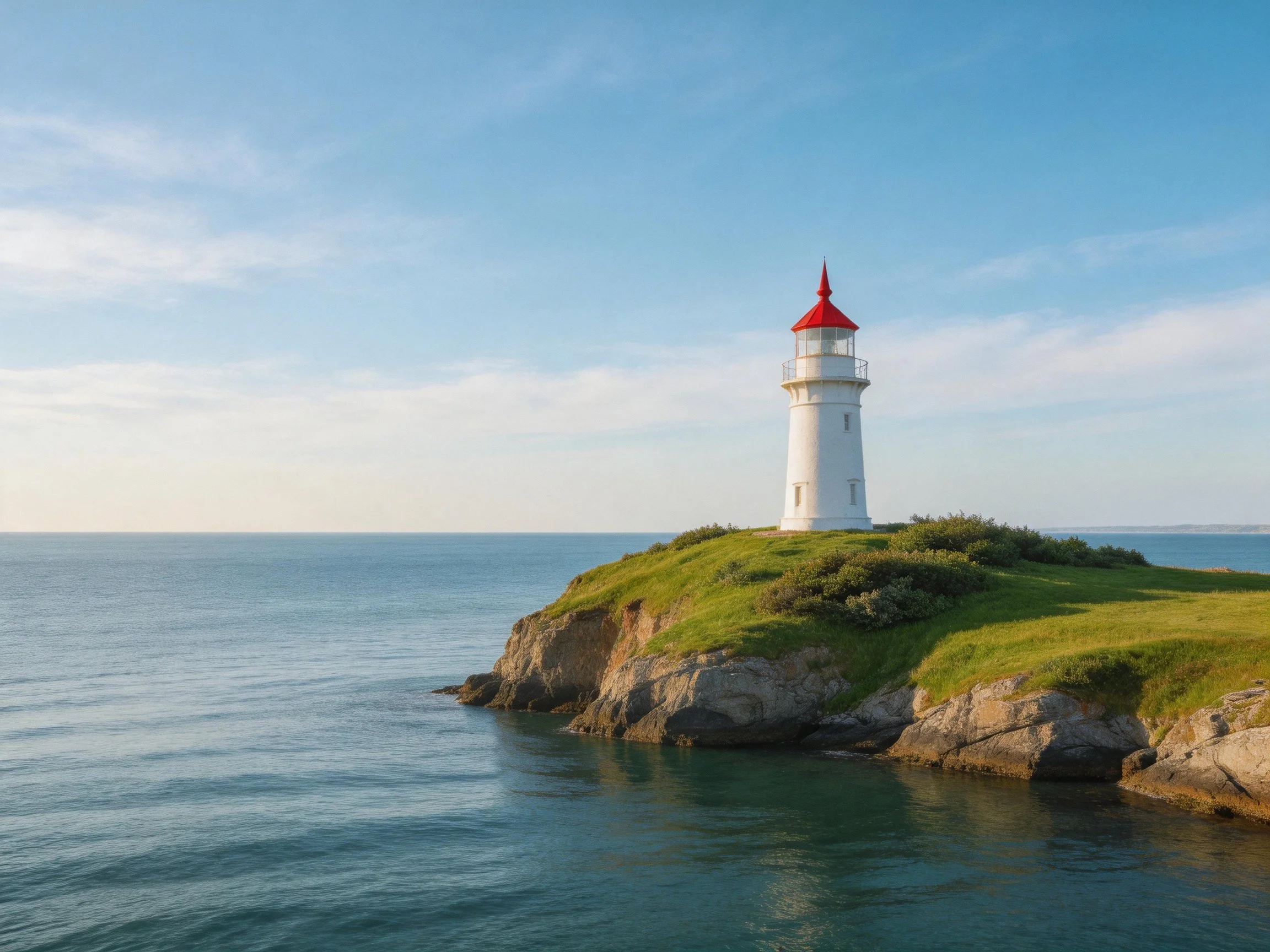 A white lighthouse with red roof on a green coastal cliff