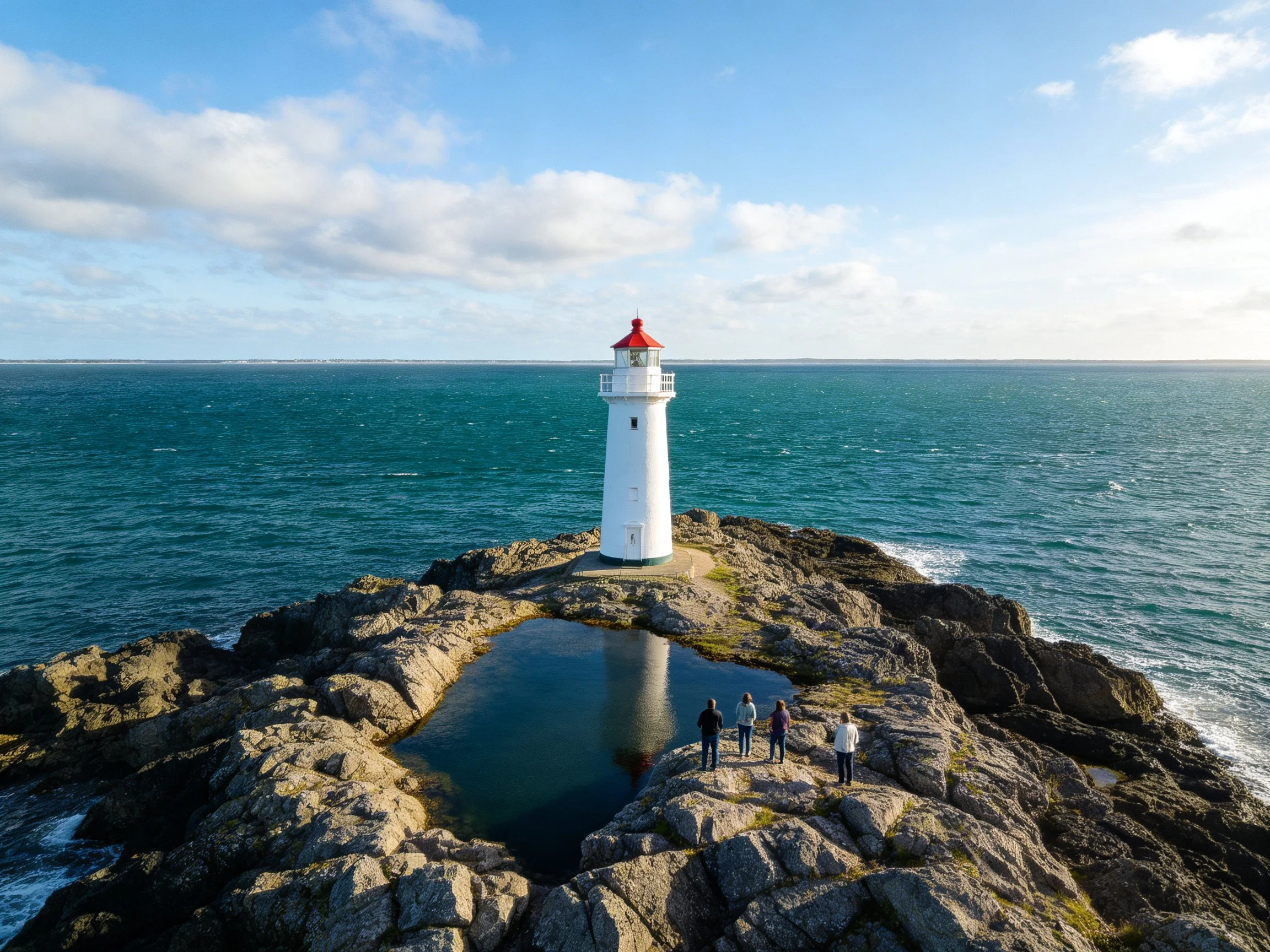 A white lighthouse with red top atop rugged coastal rocks