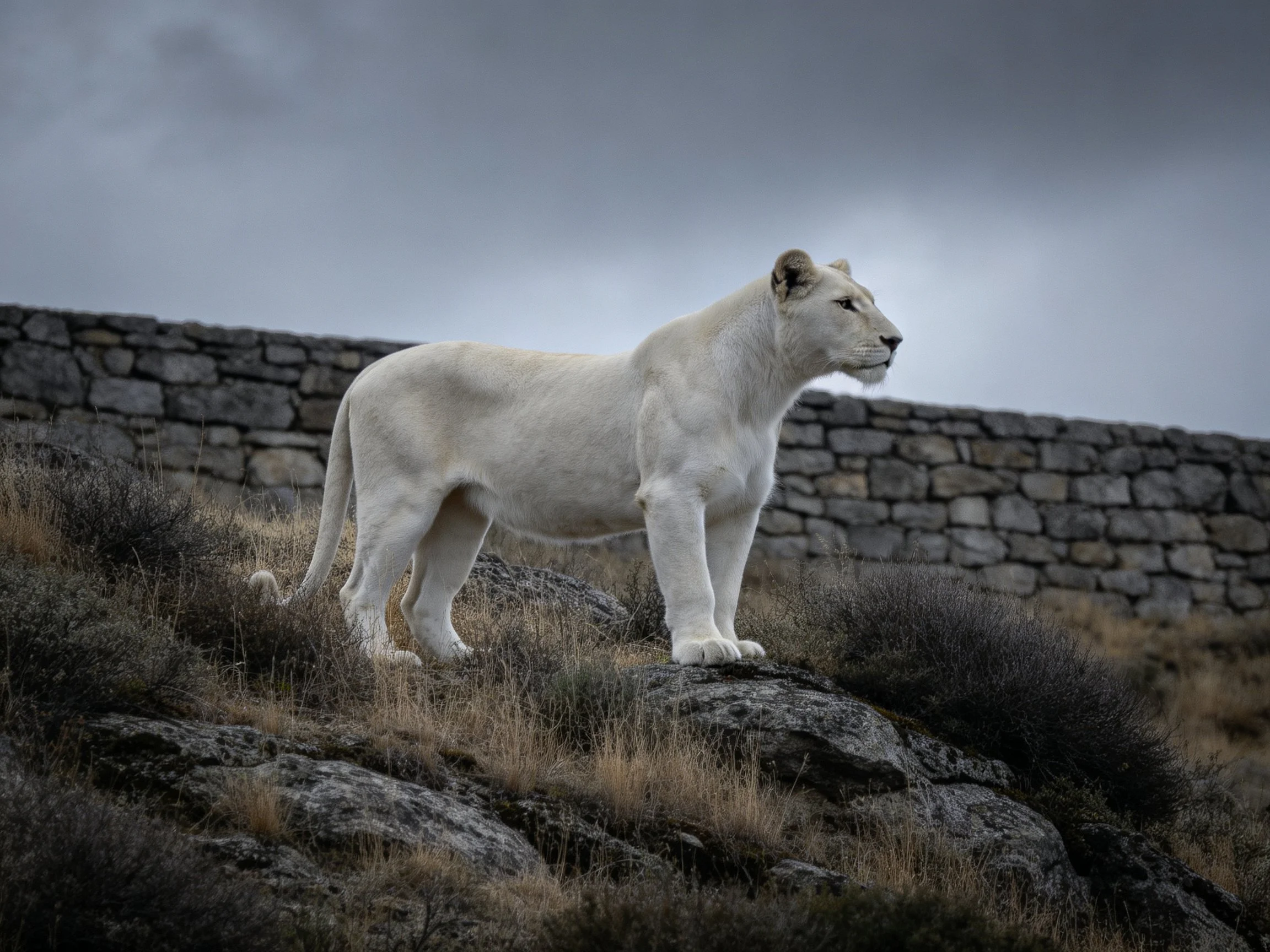 A white lioness on rocky terrain beside an ancient stone wall