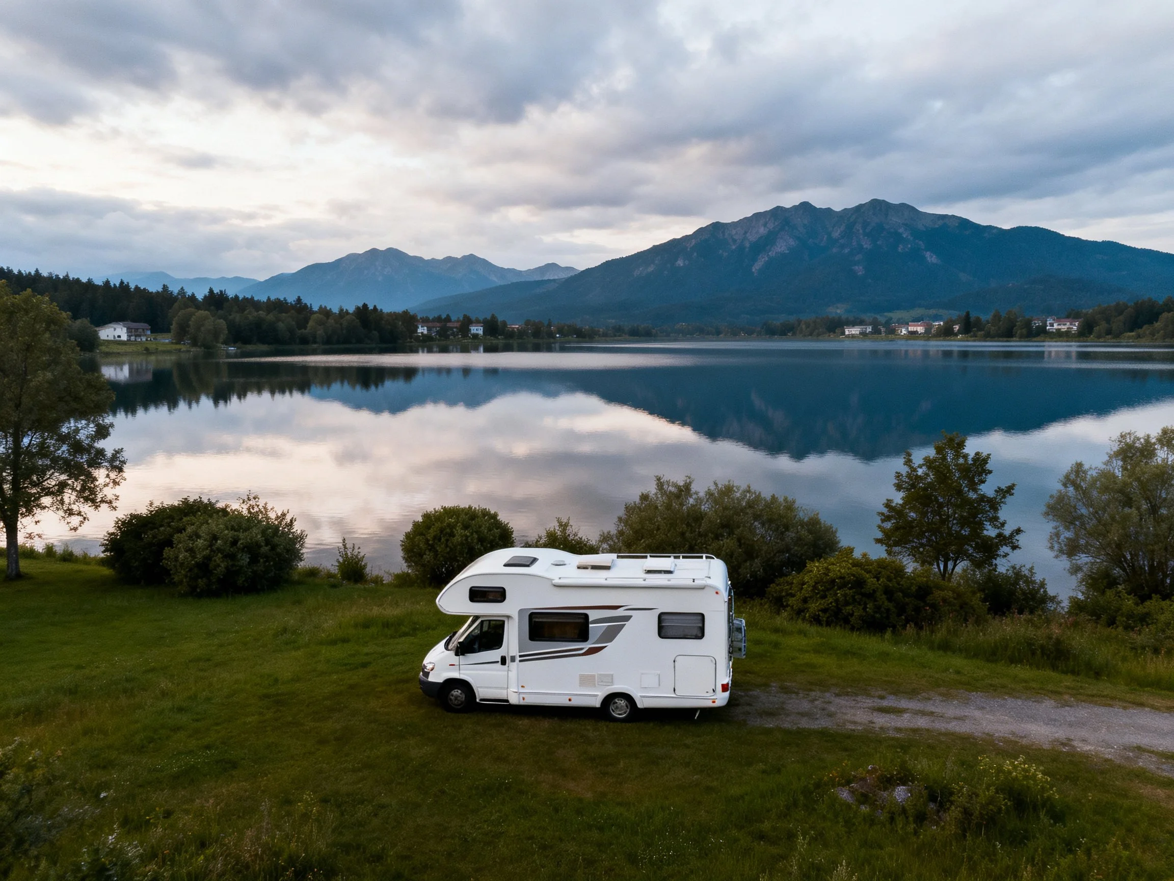 A white motorhome near a calm lake with mountain reflections