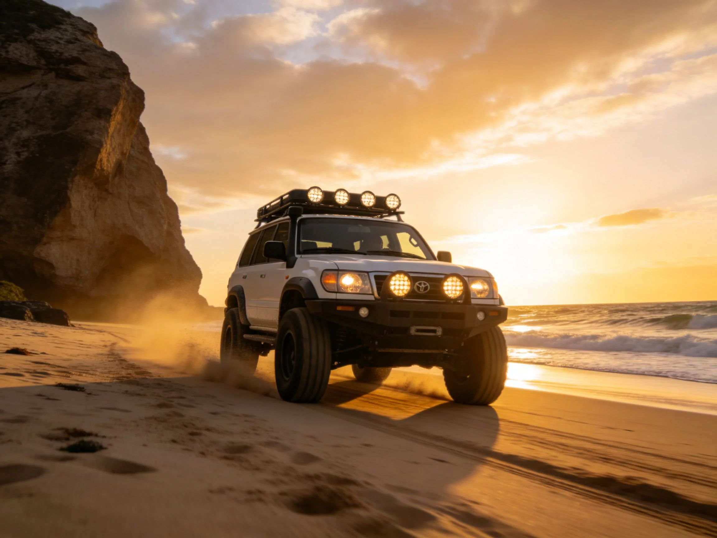 A white off-road vehicle drives on a sandy beach at sunset