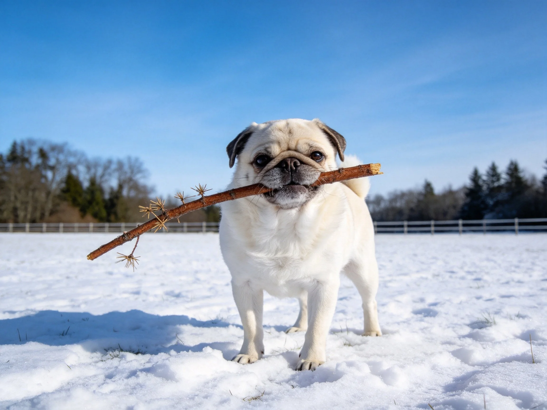A white pug carrying a brown stick in snowy field