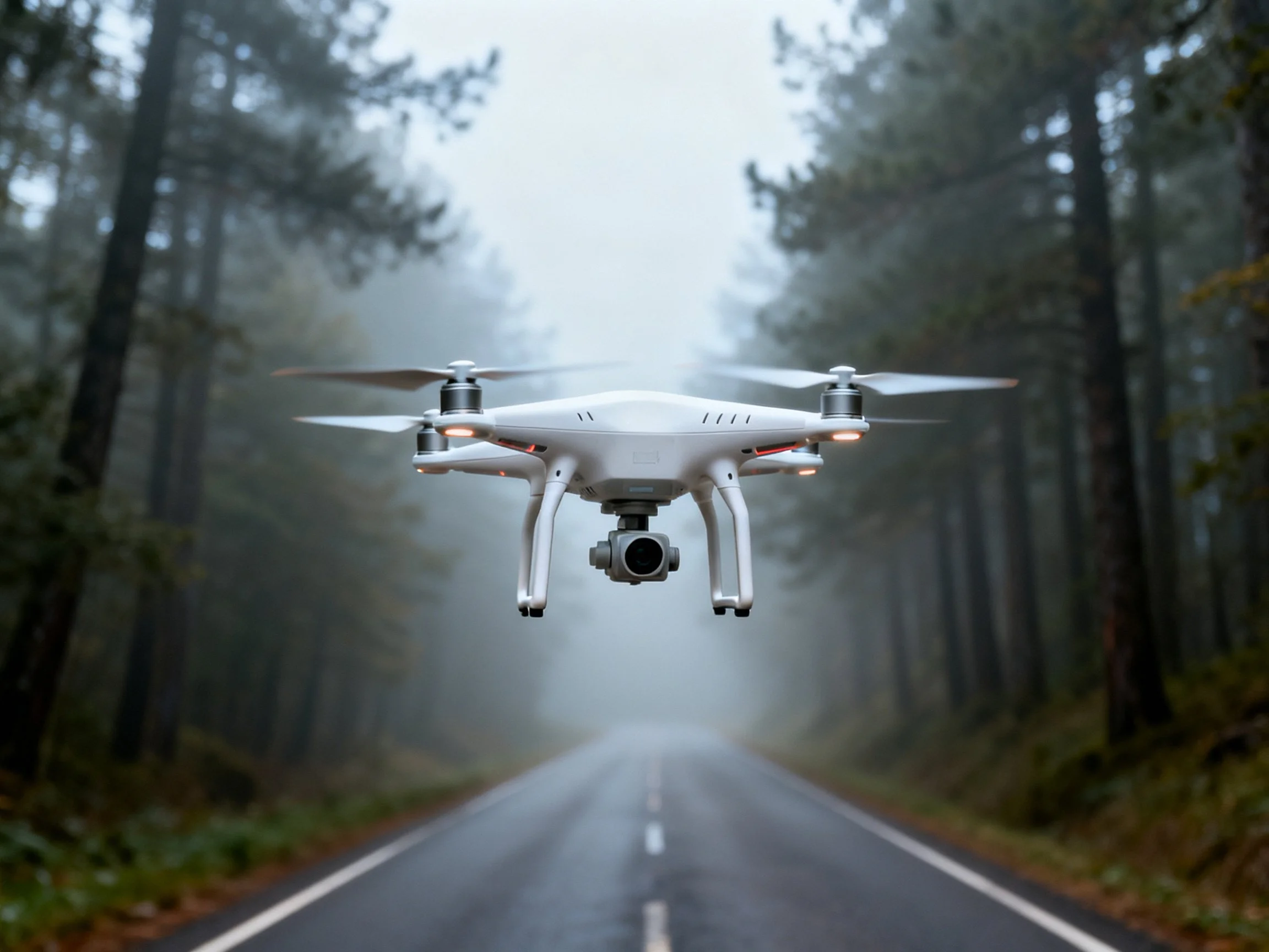 A white quadcopter drone flies over a misty forest-lined road