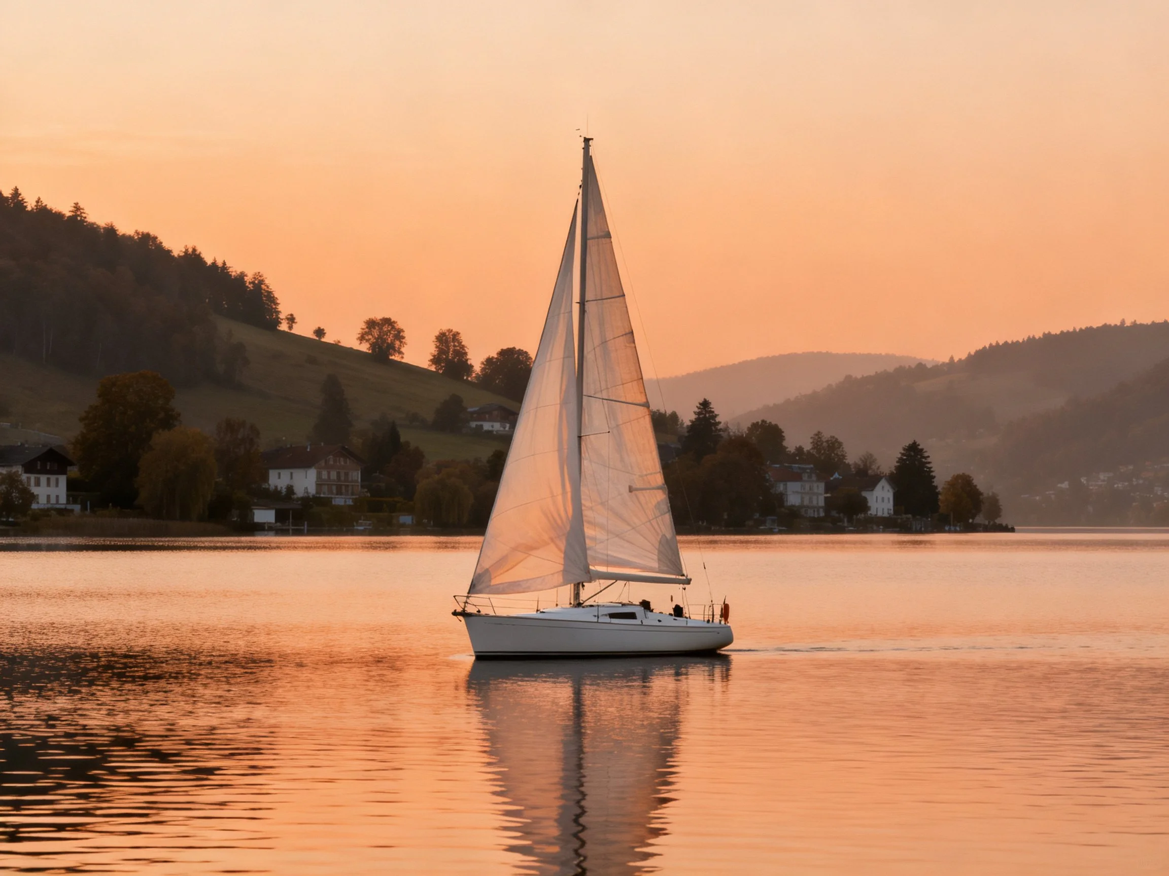 A white sailboat glides over calm waters at golden hour