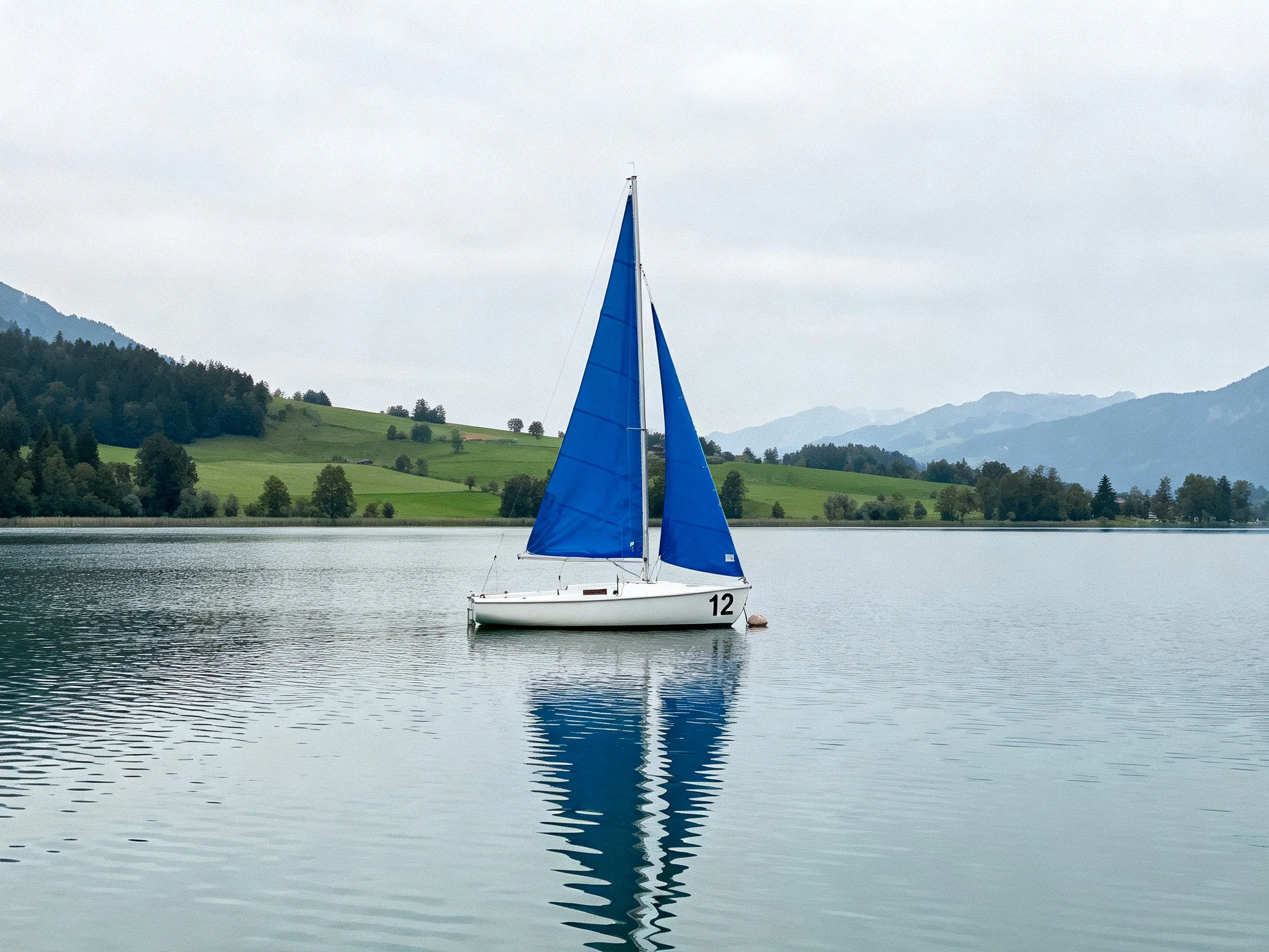 A white sailboat with bright blue sails glides over calm waters near green hills