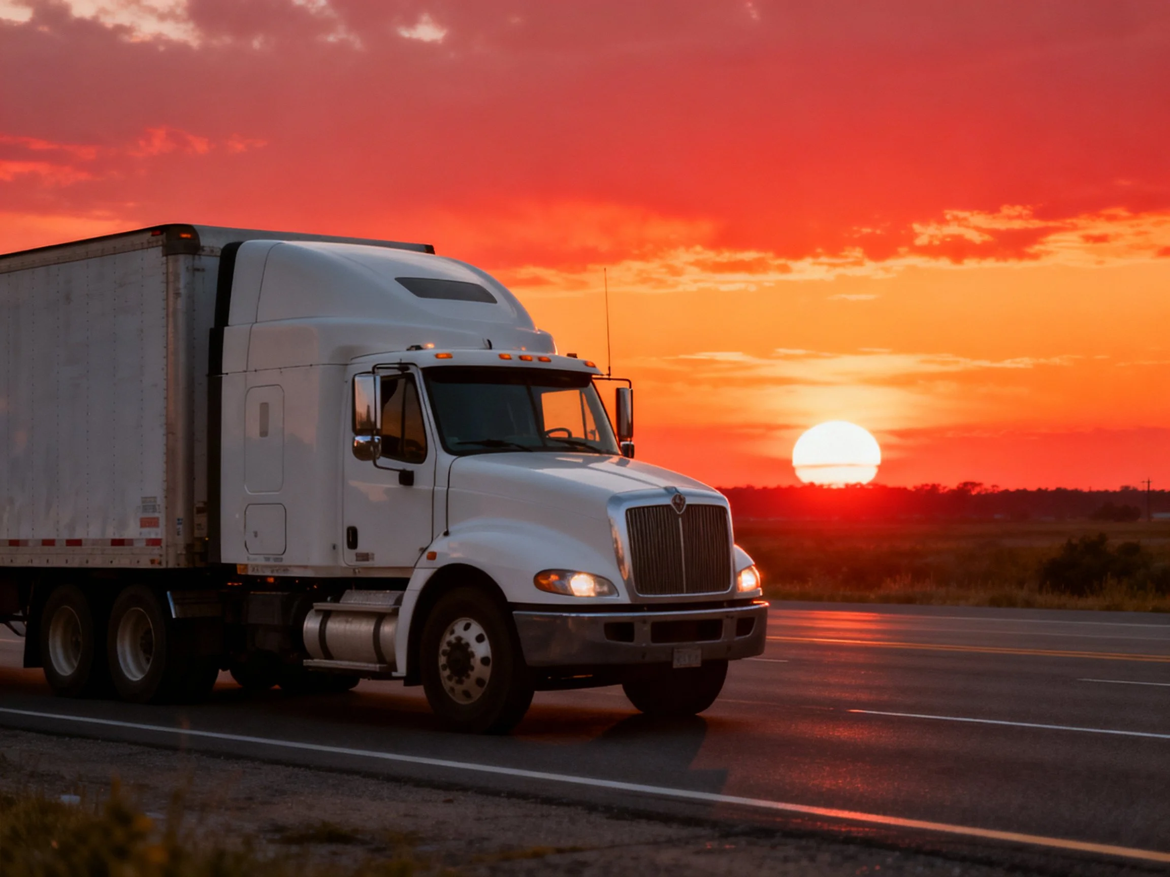 A white semi - truck travels down a highway at vibrant sunset