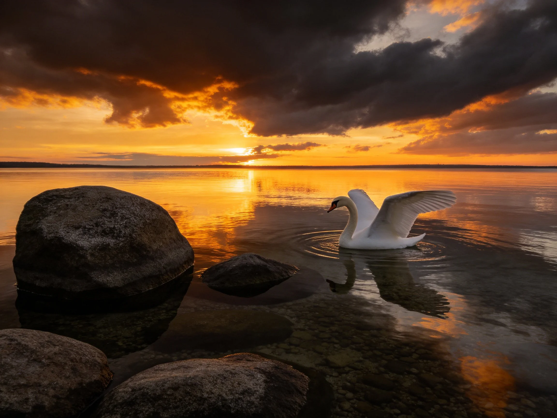 A white swan gliding near rocky shores at golden sunset