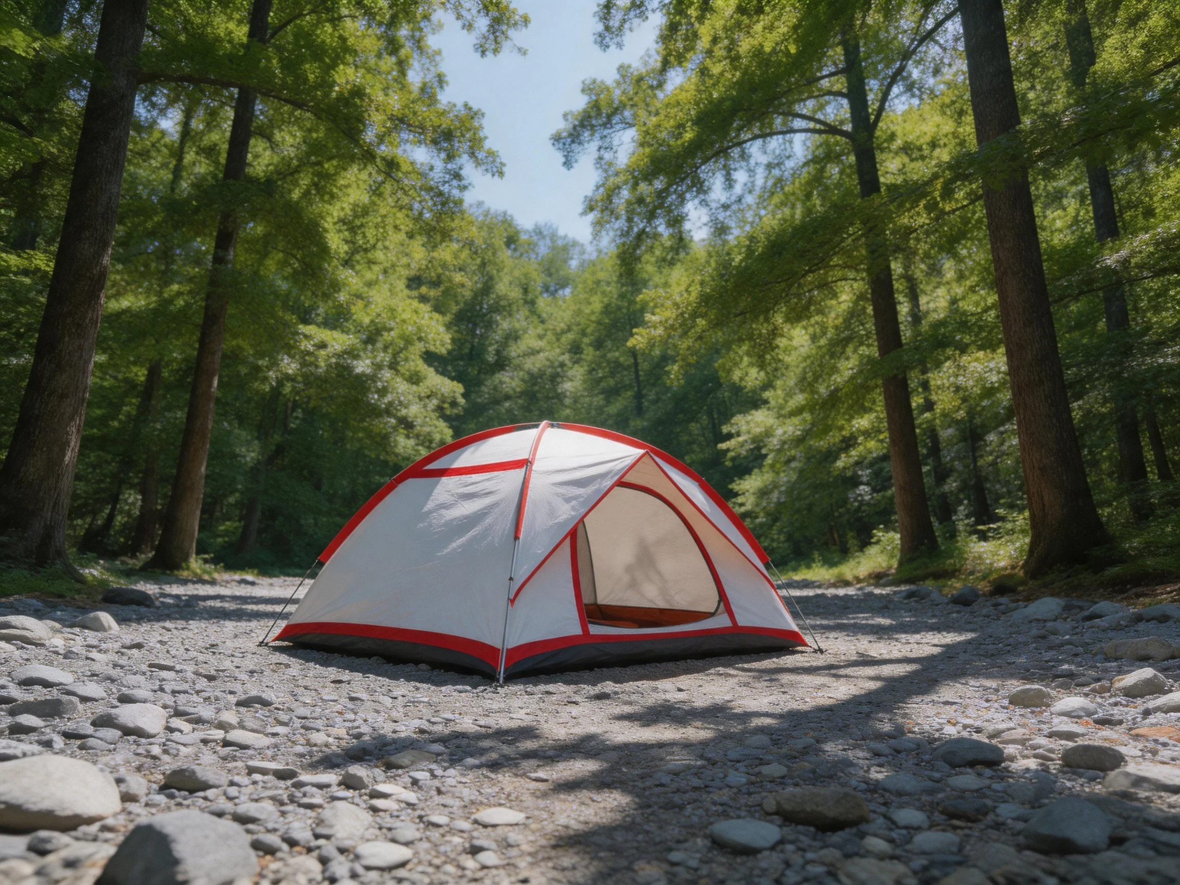 A white tent with red trim sits among tall green trees on rocky ground
