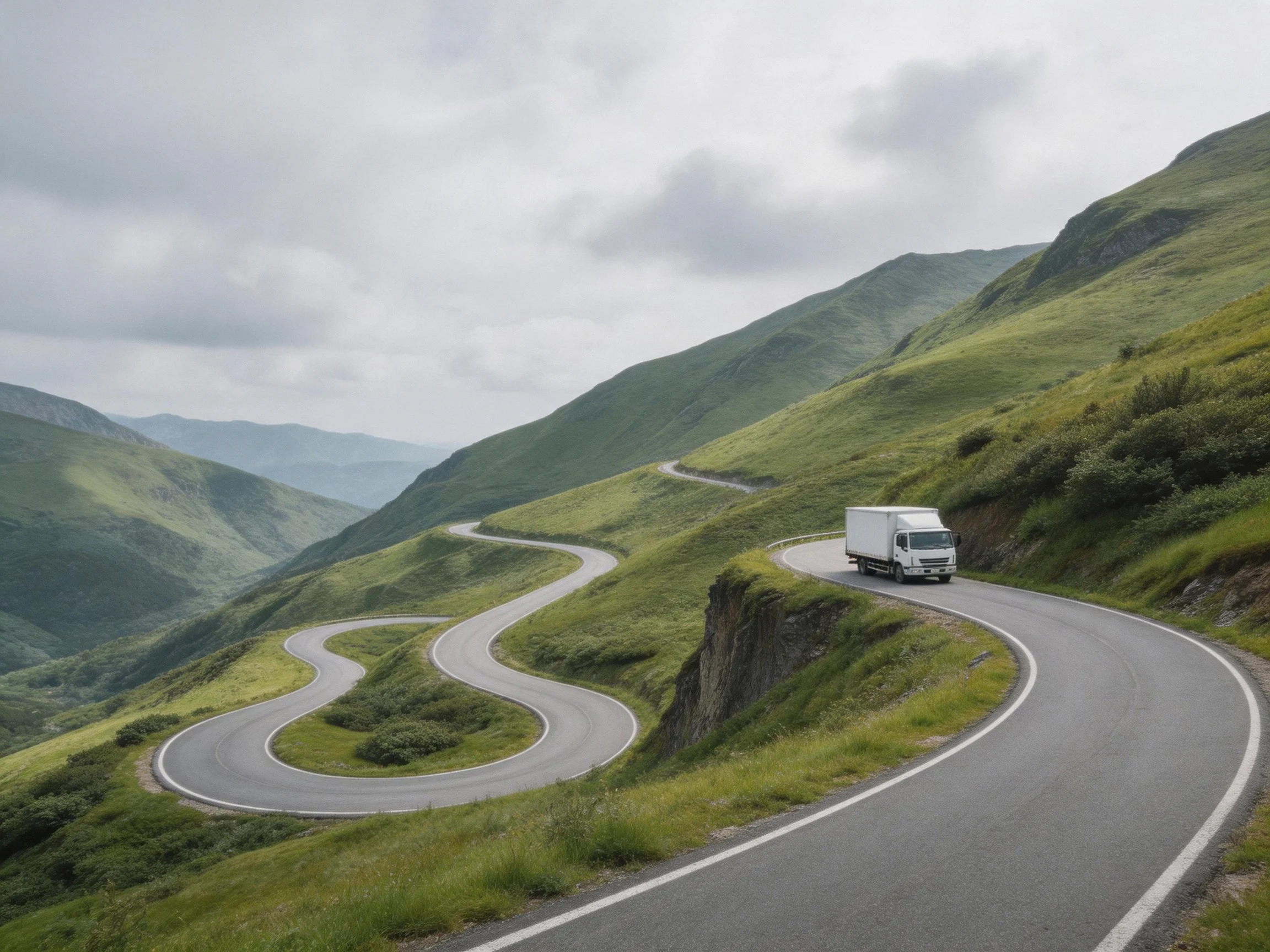 A white truck travels along a serpentine mountain road