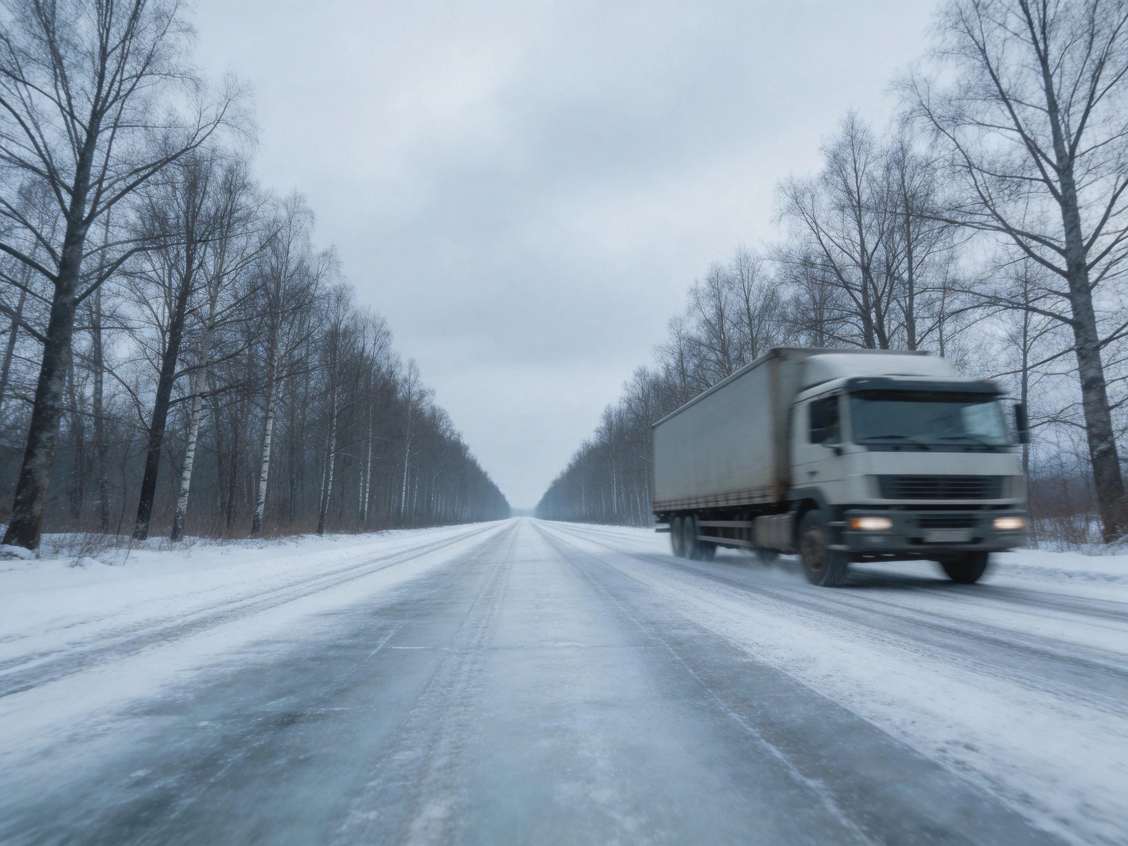 A white truck travels on a snow-covered highway with bare trees