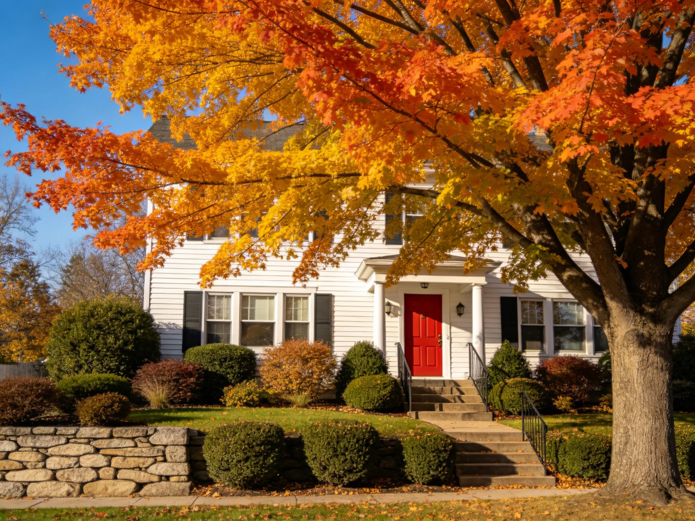 A white two - story house with vibrant autumn maple tree and red front door