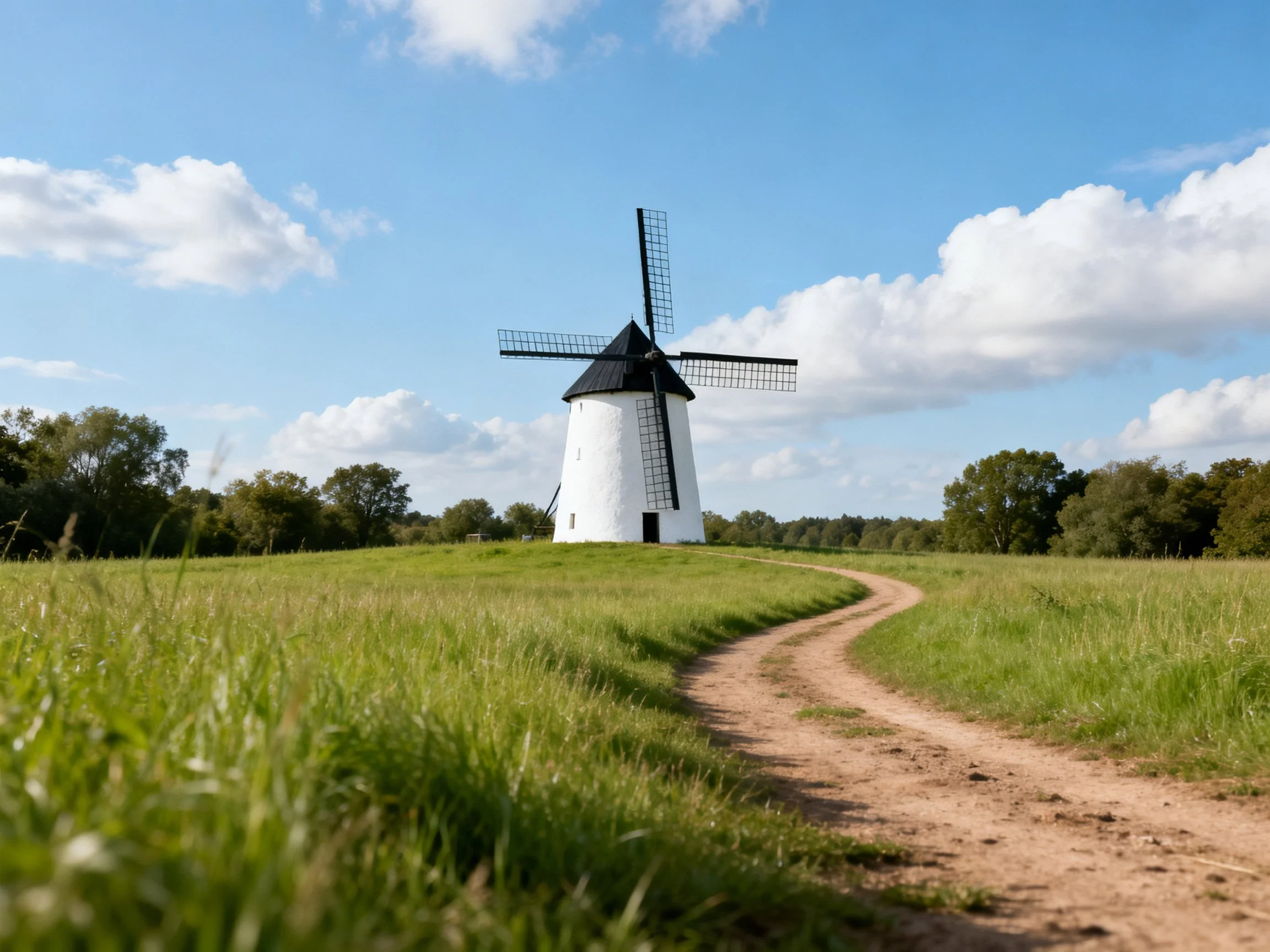 A white windmill atop a lush green field near a winding dirt path