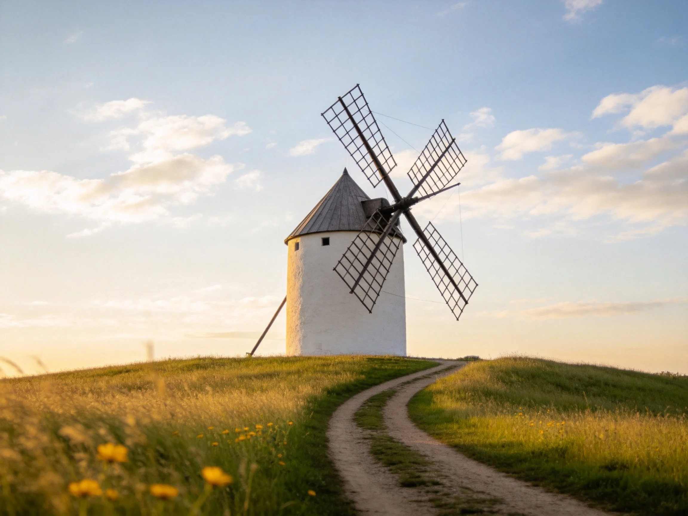 A white windmill stands atop a grassy hill beside a winding dirt path
