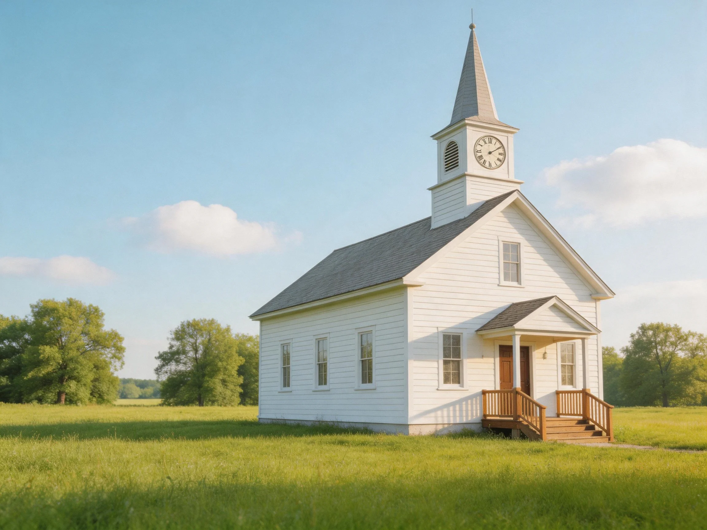 A white wooden church with clock tower in open green field