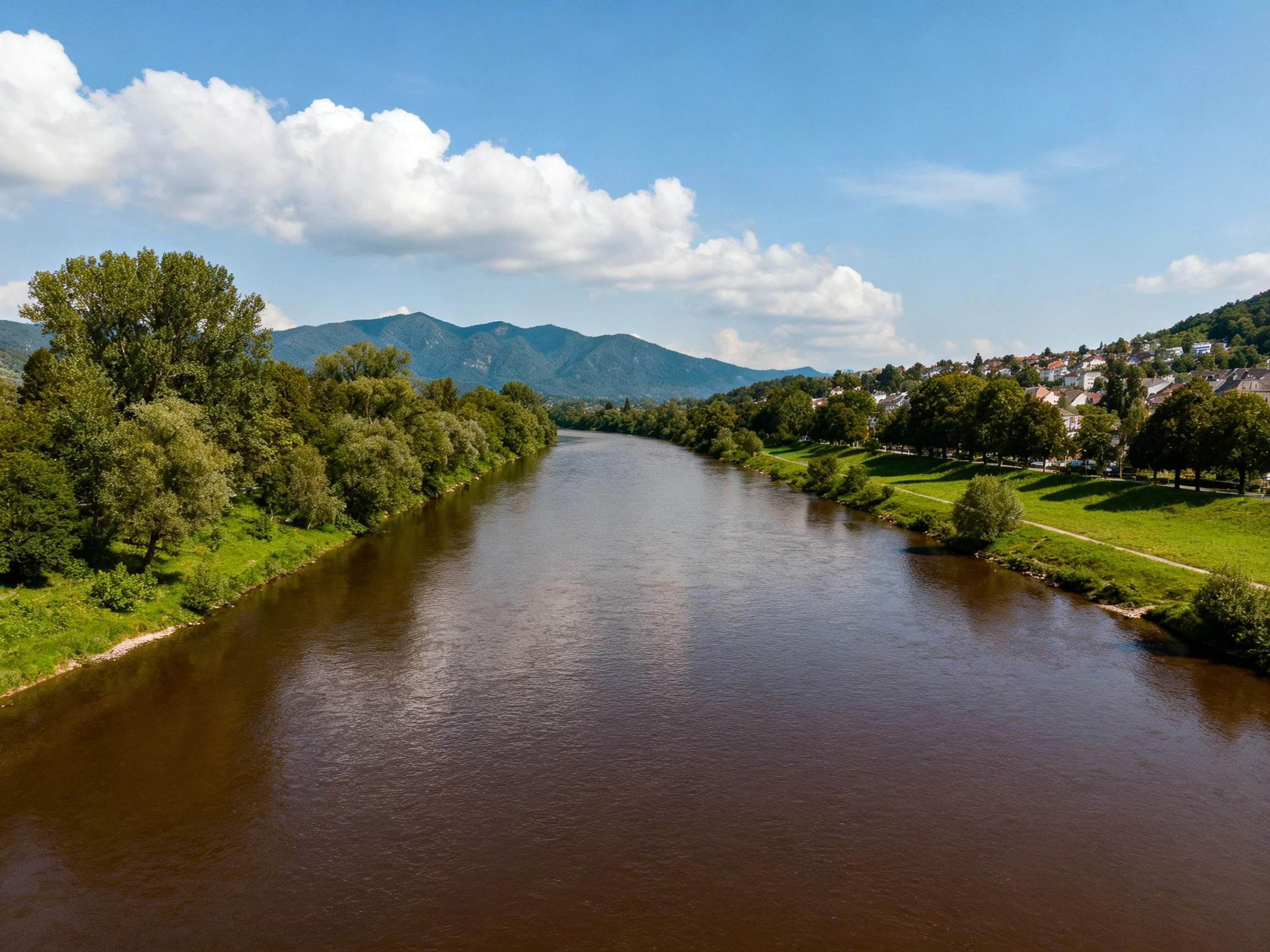 A wide brown river flows through green landscapes near mountains