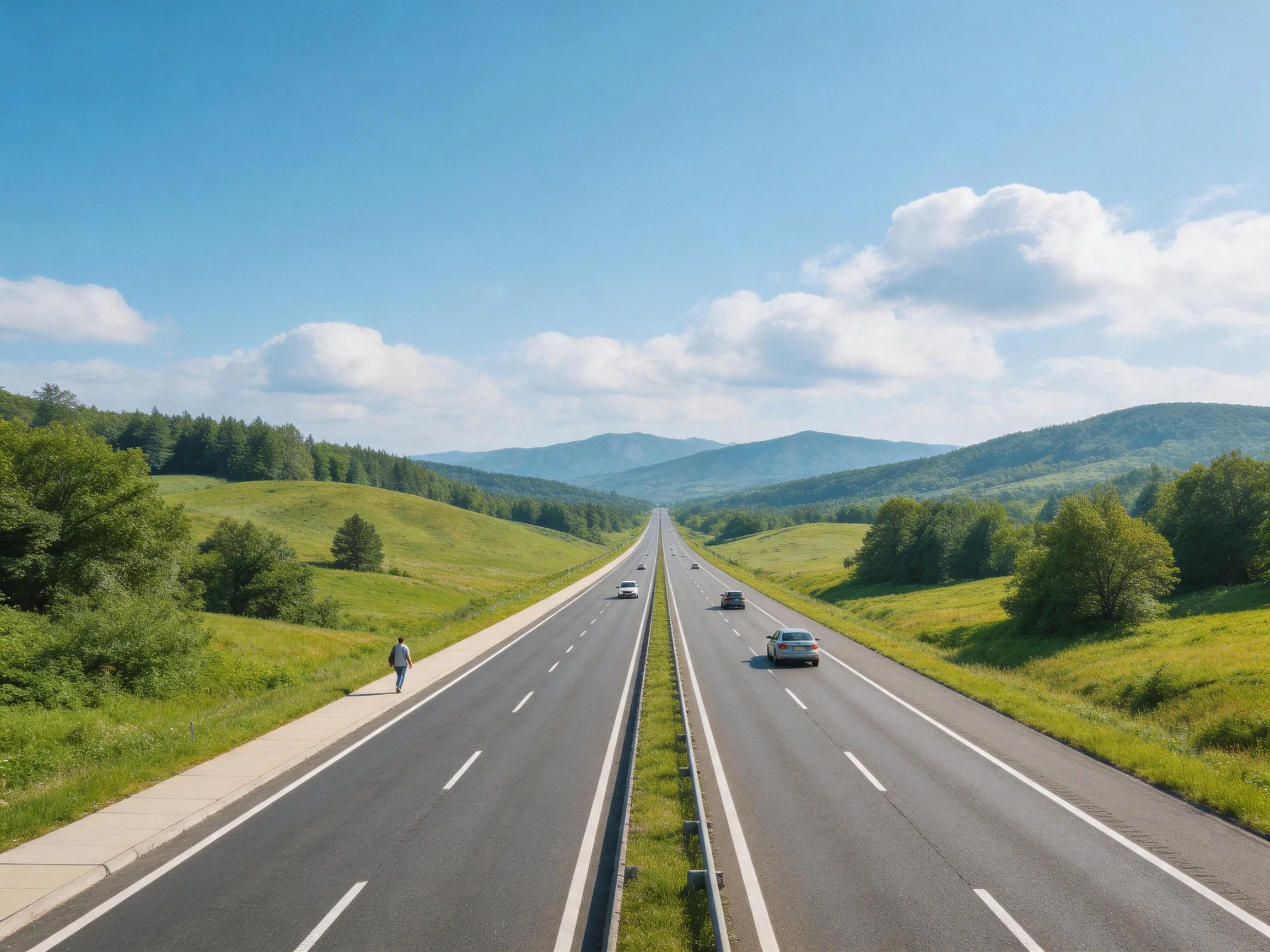 A wide multi - lane highway leads toward green hills and mountains
