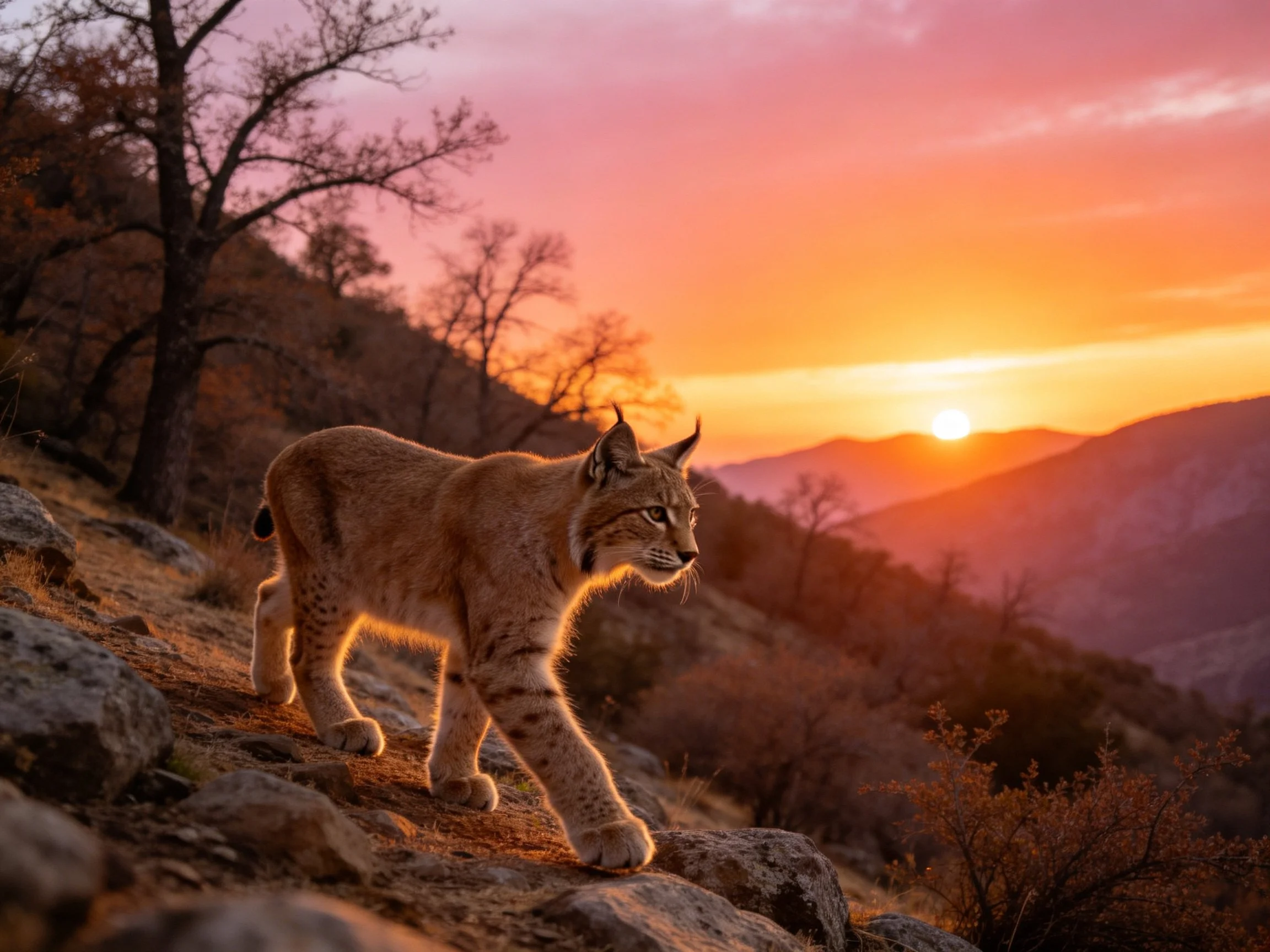 A wild cat traverses rocky slopes at vibrant sunset