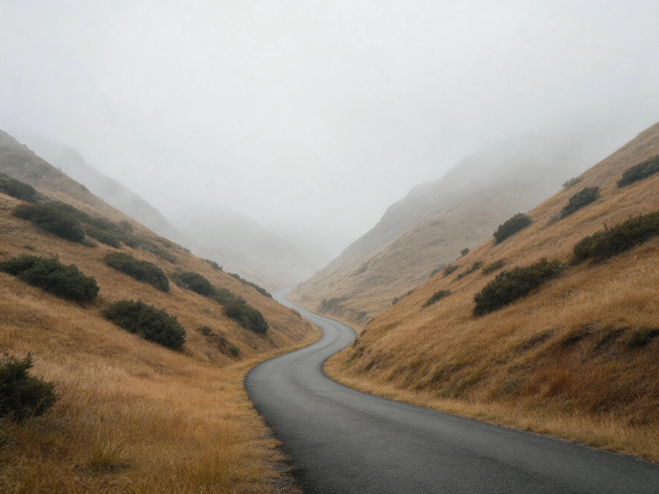 A winding asphalt road cuts through misty, golden-hued hills