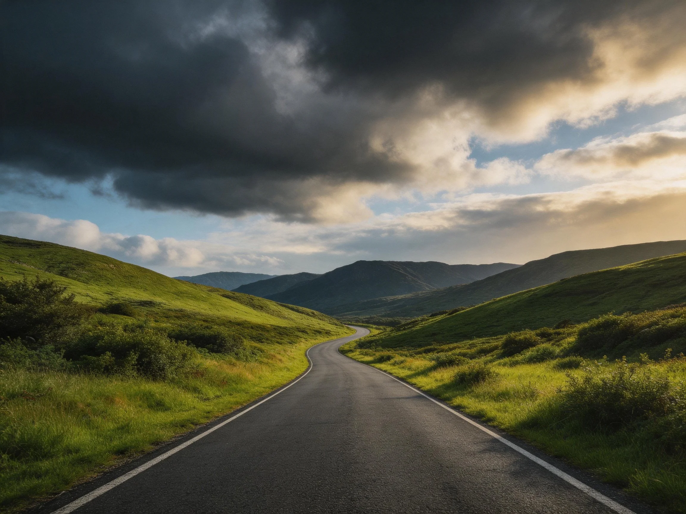 A winding asphalt road through lush green hills under dramatic cloudy skies
