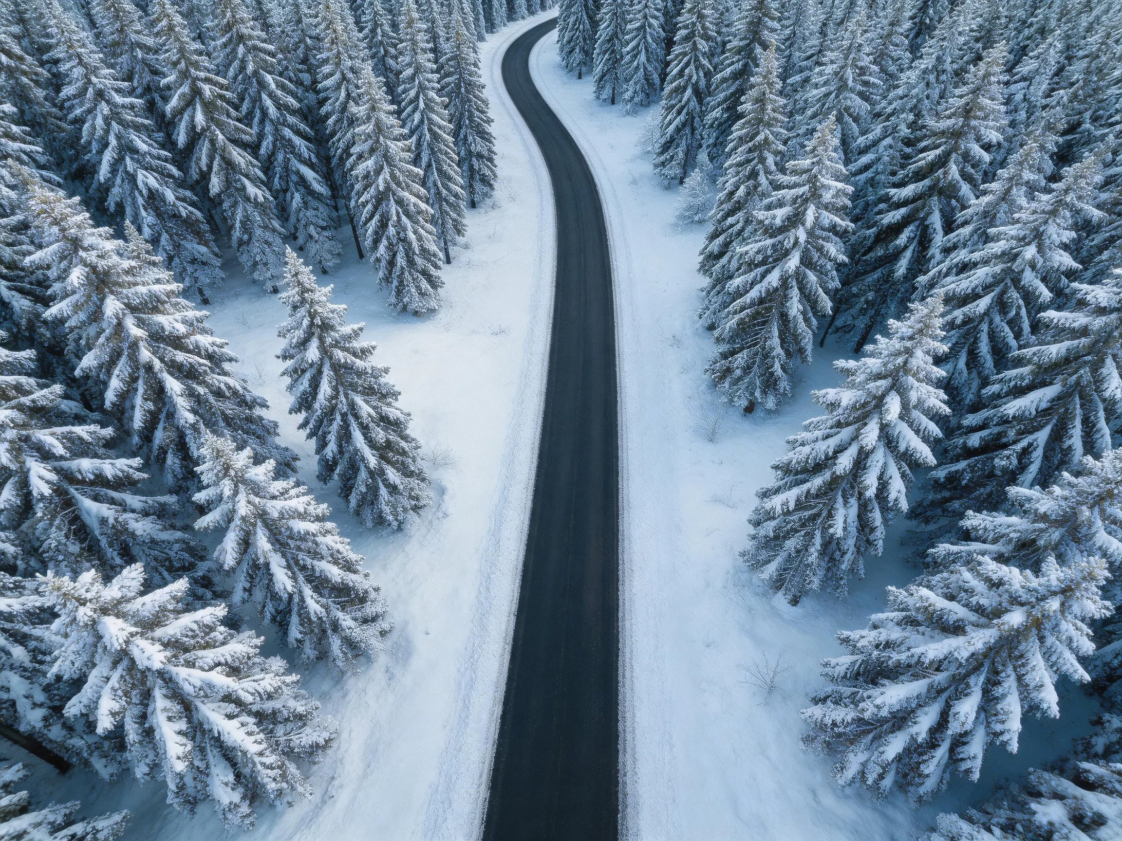 A winding black road cuts through a dense snow-covered evergreen forest