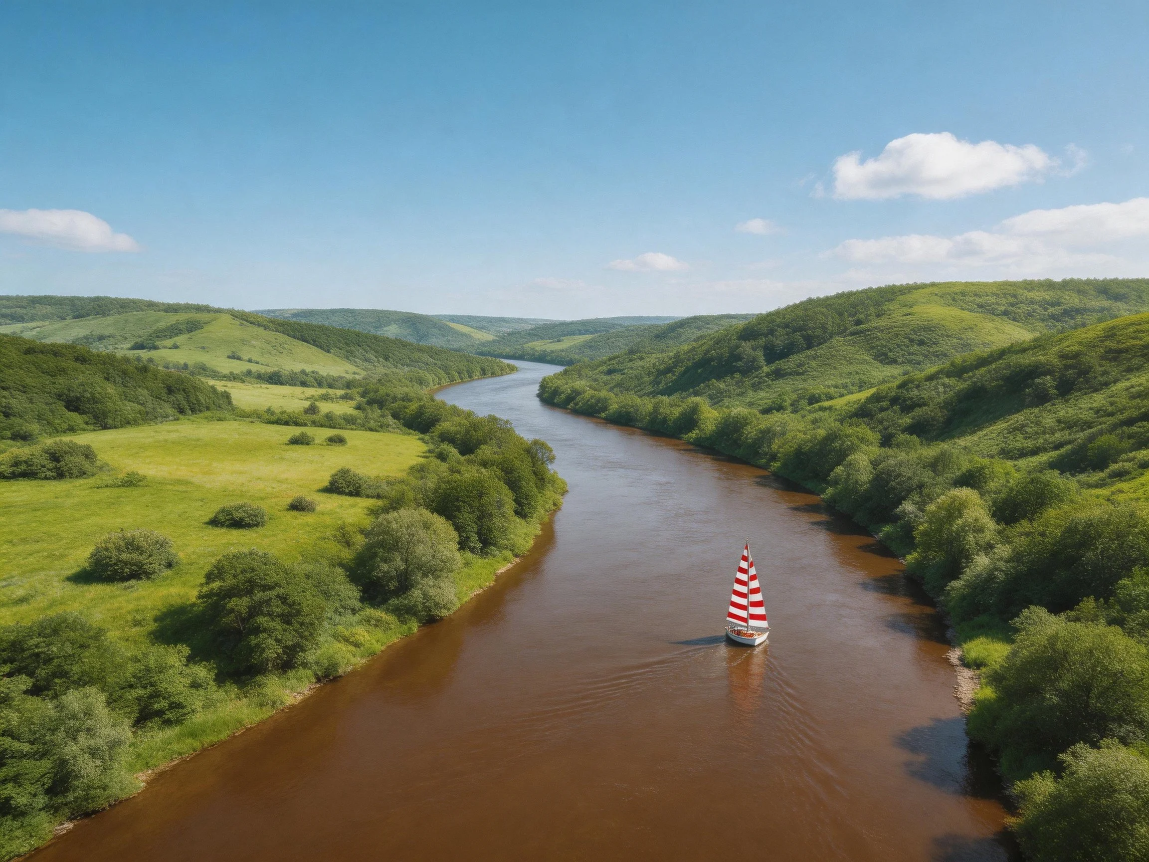A winding brown river with a red-and-white sailboat amid verdant hills